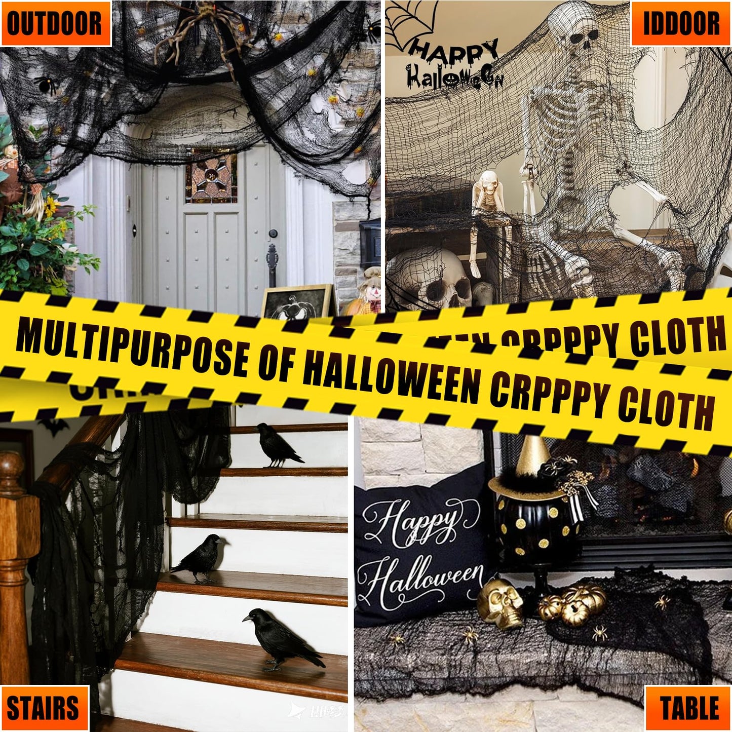 JOHOSEEK 4 Pack Halloween Creepy Cloth Decoration, 30 x 120 inch Black Gauze Halloween Decor, Scary Black Cheesecloth, Spooky Fabric Decoration for Haunted House Wall Yard Outdoor Indoor