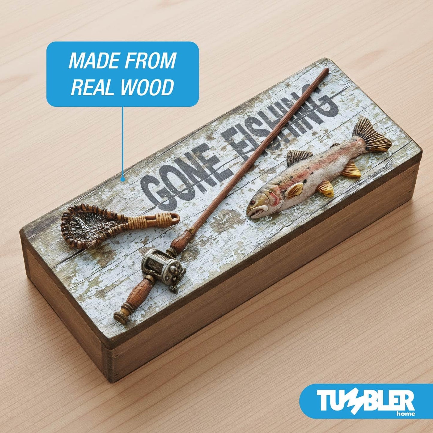 Tumbler Home Gone Fishing Wood Box - Rustic Wood Keepsake Box Holds Coins, Keys and Wallet - Father's Day Gift, Birthday or Christmas Gifts for Fisherman, Dad, Son, Grandpa