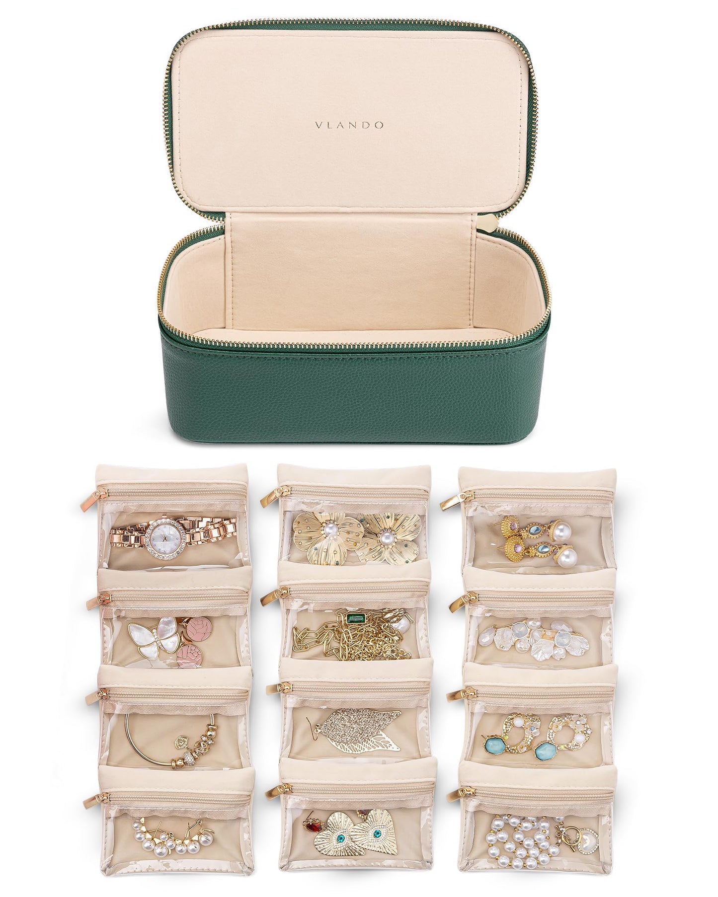 VLANDO Gifts for Teachers,Jewelry Case with 12 Velvet Jewelry Bags Travel Jewelry Organzier for Travelers Necklace Rings Earrings Jewelry Bags Birthday Wedding Gifts (Green)