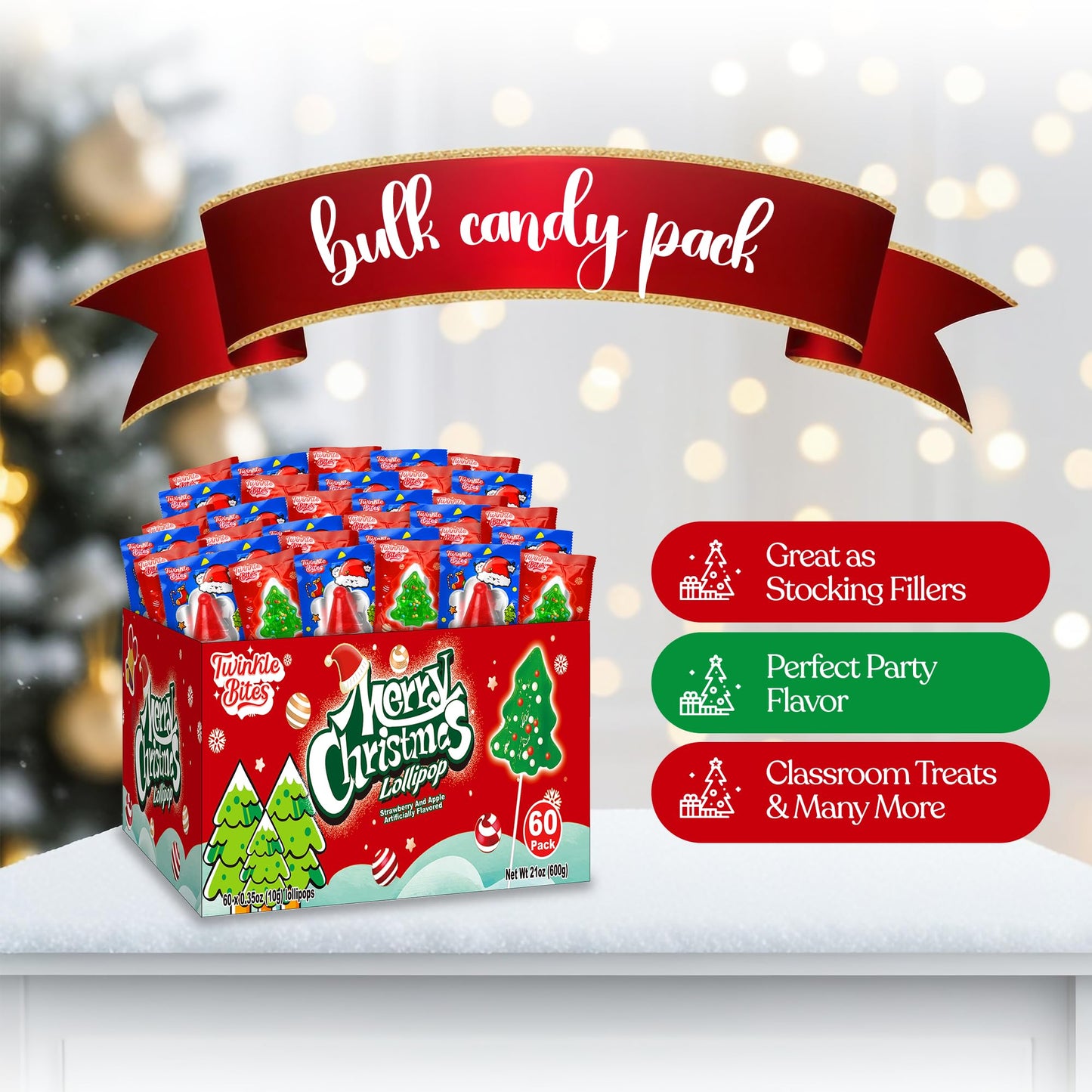 60 Pack Christmas Lollipops - Individually Wrapped Christmas Holiday Themed Hat And Tree Lollipops - Colorful Red & Green Designs & Delicious Flavor -Bulk Candy Use For Stocking Stuffers, Party Favor, Classroom & Office Treats, Candy Jar Fillers