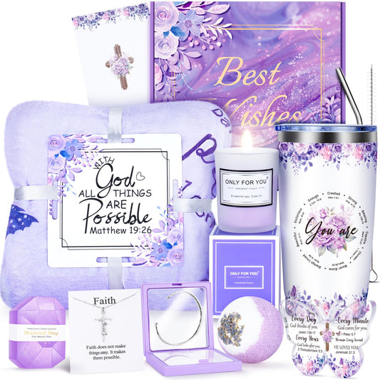 Fortuning's JDS 12PCS Christian Gifts for Women Faith, Inspirational Gifts for Women,Purple Birthday Get Well Soon Gifts, for Mom Her Wife Girlfriend Friend Siste Birthday Gifts