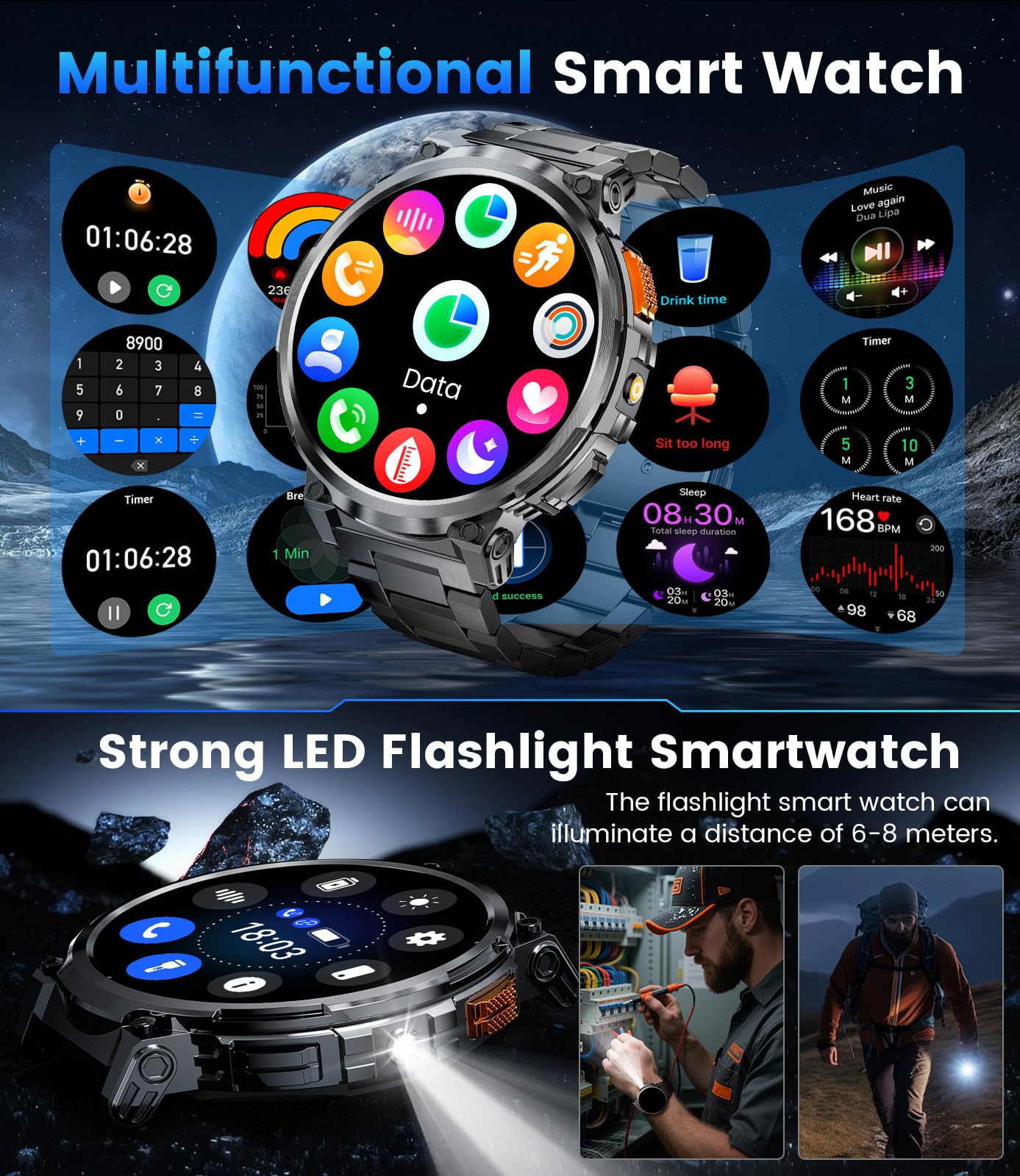 LIGE Smart Watches for Men with 730mAh Battery, 1.85" HD Smart Watch with Flashlight/Make/Answer Call/120+Sports Mode Fitness Tracker/Sleep Monitoring, iOS Android Waterproof Military SmartWatches