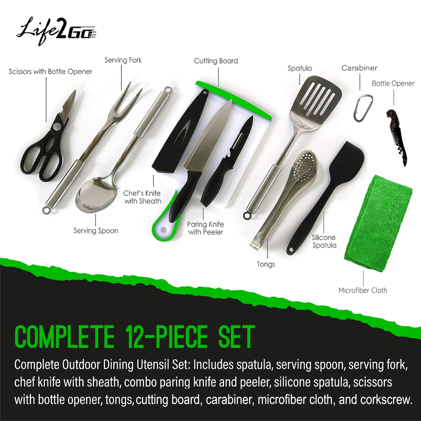 Life2Go 12 Piece Camp Cooking Utensil Set & Outdoor Kitchen Gear Cookware Kit, Portable Compact Carry Case for Camping, Hiking, Travel, BBQ Grilling Stainless Steel Accessories Spoon & Fork, Gray
