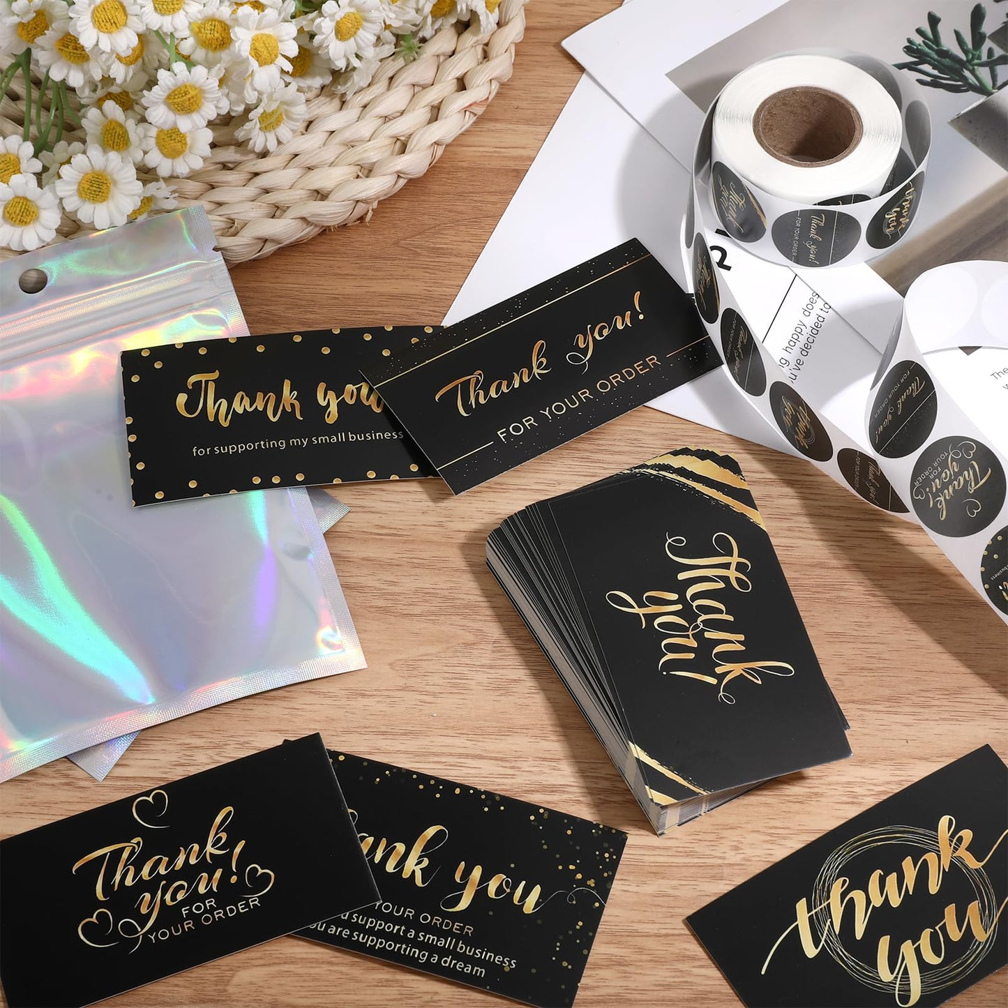 670Pcs Thank You Cards and Stickers Set- 500 Thank You for Supporting My Small Business Stickers & 120 Cards with 50 Resealable Packaging Bags, Small Business Essentials (Black)