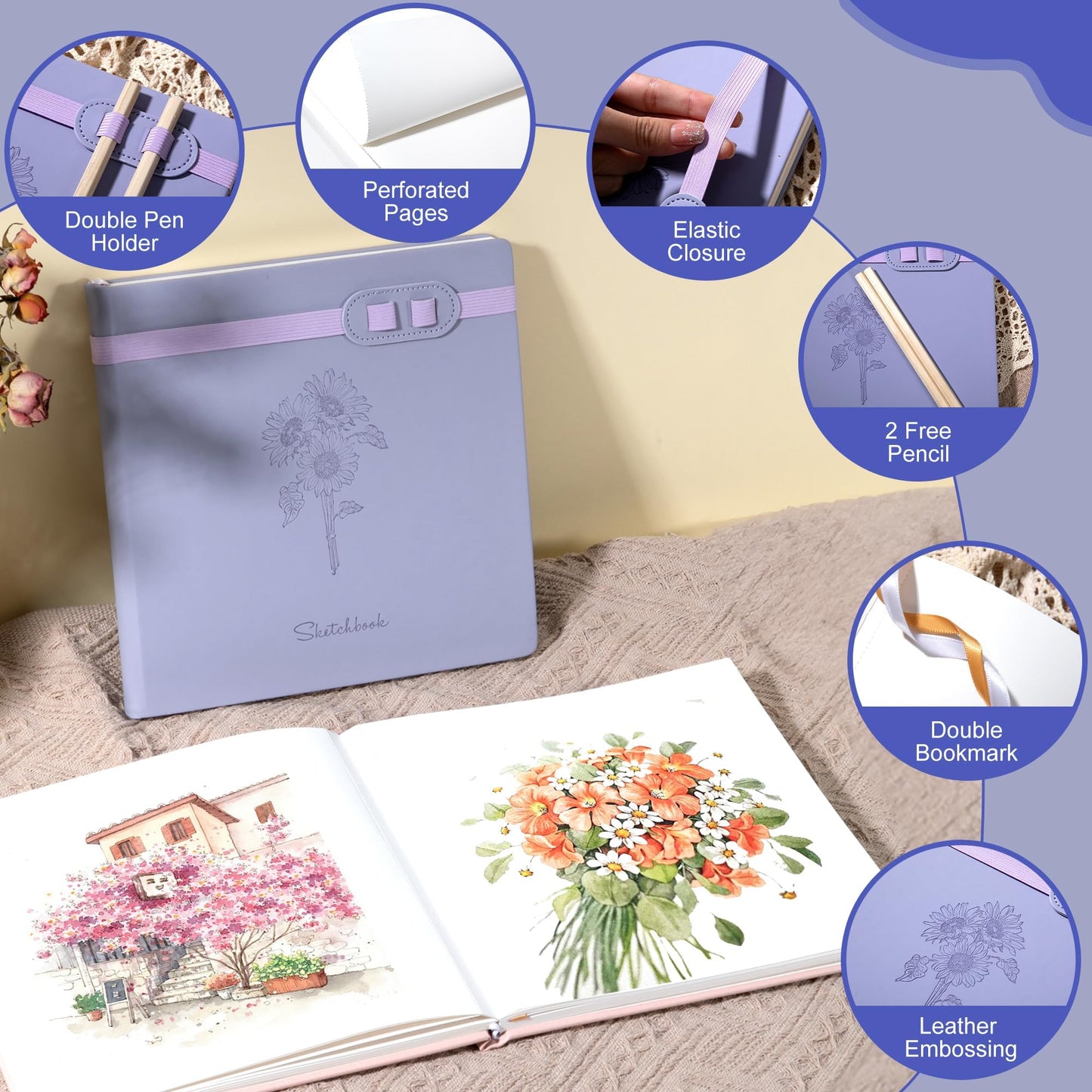 Yoment Hardcover Sketch Book, Sketchbook for Drawing with 2 Pencils, 150GSM Thick Paper, Square Art Sketch Book Drawing Paper Book 160 Pages Sketch Pad Journal for Women Adults,Gift Boxed,Purple