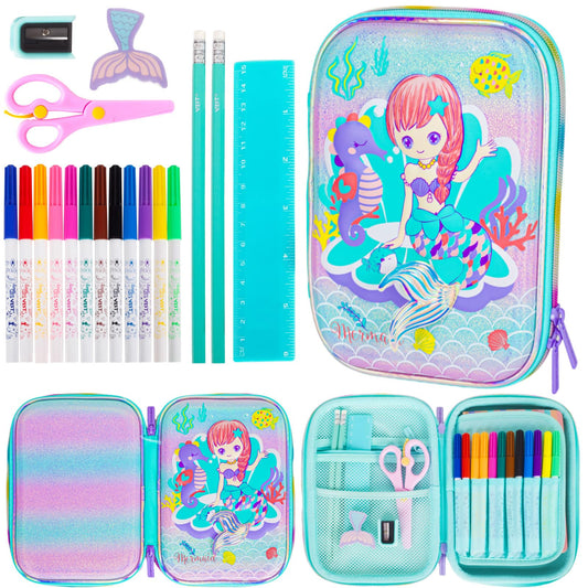 YOYTOO Mermaid Pencil Case Stationery Set for Girls, 3D EVA Big Capacity Cute Pencil Pen Case Bag with Zipper Office College School Storage Bag Pouch Holder Box Organizer