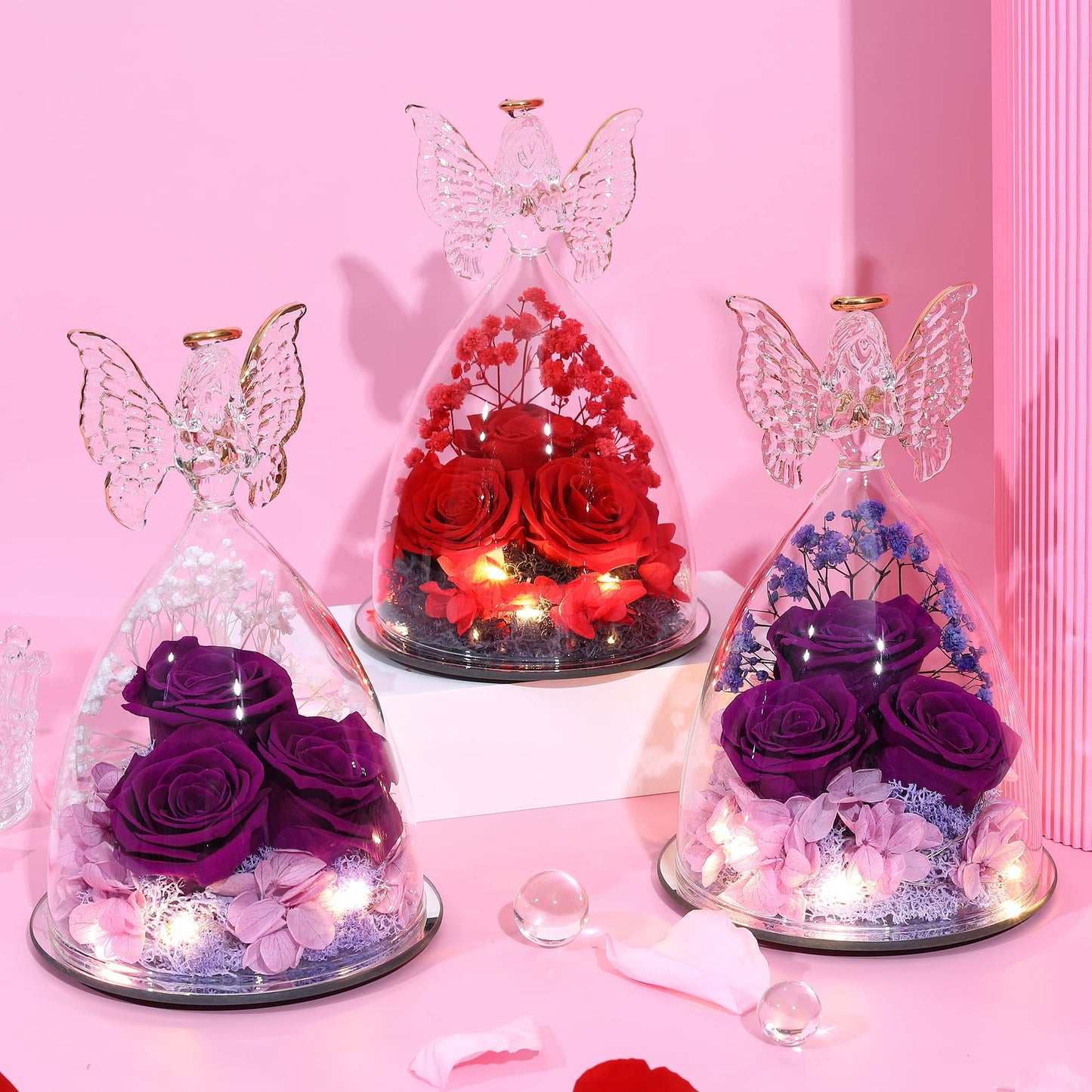 Tiaronics Mothers Day Rose Gifts for Women Preserved Real Flower in Glass Angel Figurines Roses for Delivery Prime Birthday Gifts for Mom Grandma Girlfriend Wife Her - Red