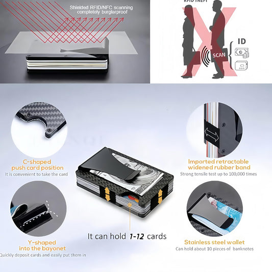 Wallet for Men- Minimalist Metal Wallet with Money Clip - Slim RFID Blocking Card Holder, Carbon Fiber Design, Holds 12+ Cards & Cash,Men's Wallet Gift,Driver License