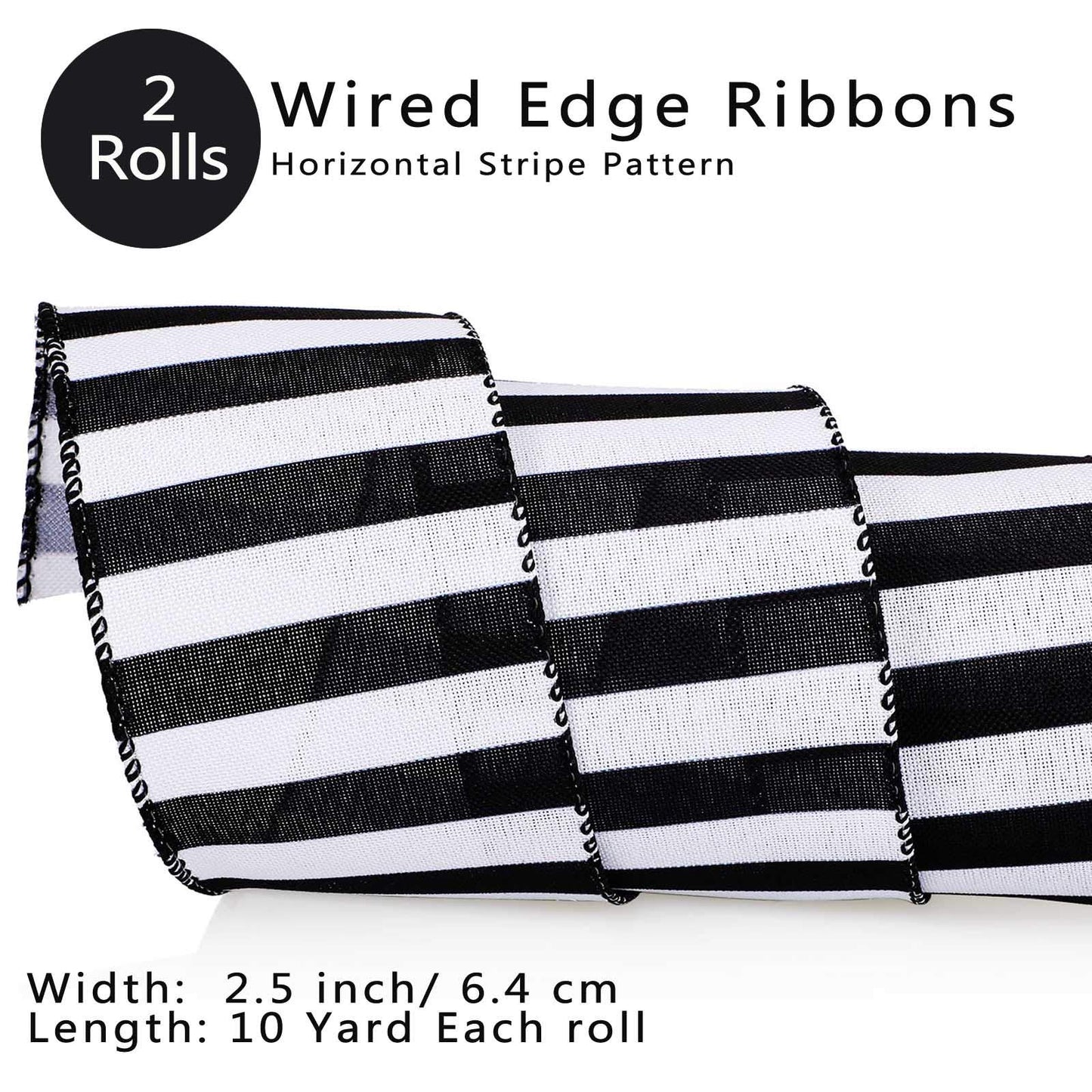 Chuangdi 2 Rolls 20 Yards 2.5 Inch Black and White Wired Ribbon Stripe Burlap Wired Ribbon for Gift Wrapping Craft Wreath Bows Fall Christmas Decor