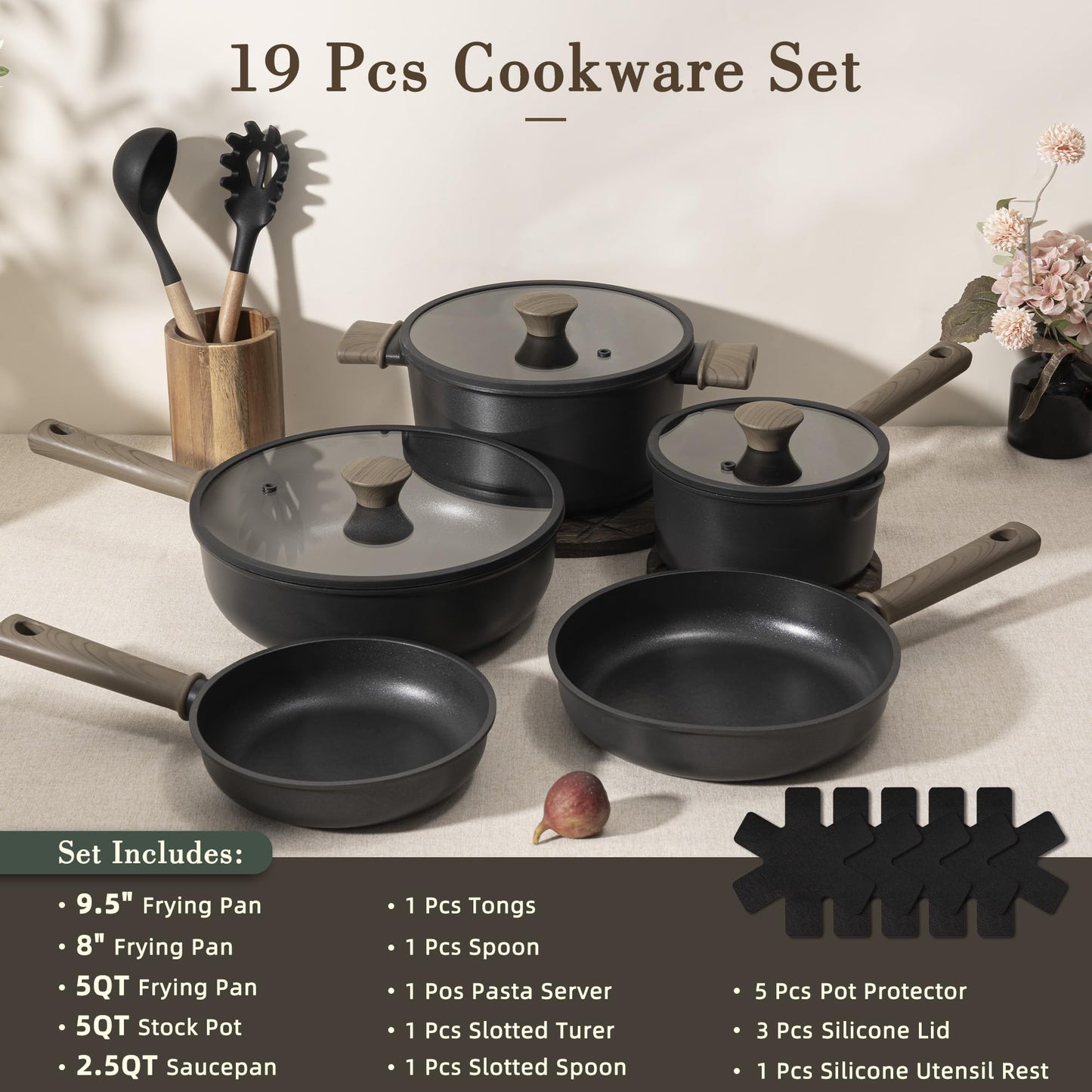 Astercook 19 Pcs Pots and Pans Set Non Stick, Black Titanium Induction Kitchen Cookware Sets, Non toxic Healthy Kitchen Cooking Set with Frying Pans Set, PFAS PTFE PFOA PFOS Free, Mothers Day Gifts