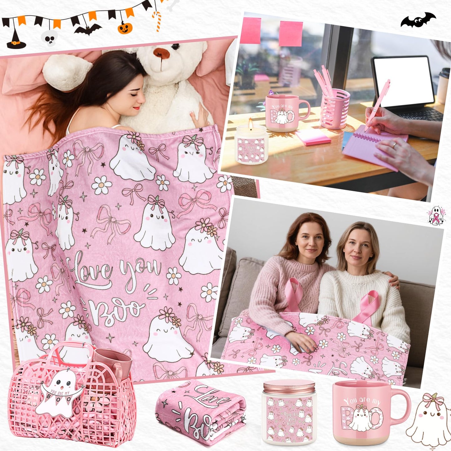Roshtia 1 Set 7pcs Valentines You're My Boo Basket Gifts for Girlfriend You're My Boo Pink Ghost Handbag Throw Blanket Coffee Mug Candle Jar Spiral Journal Pen Card(Halloween)