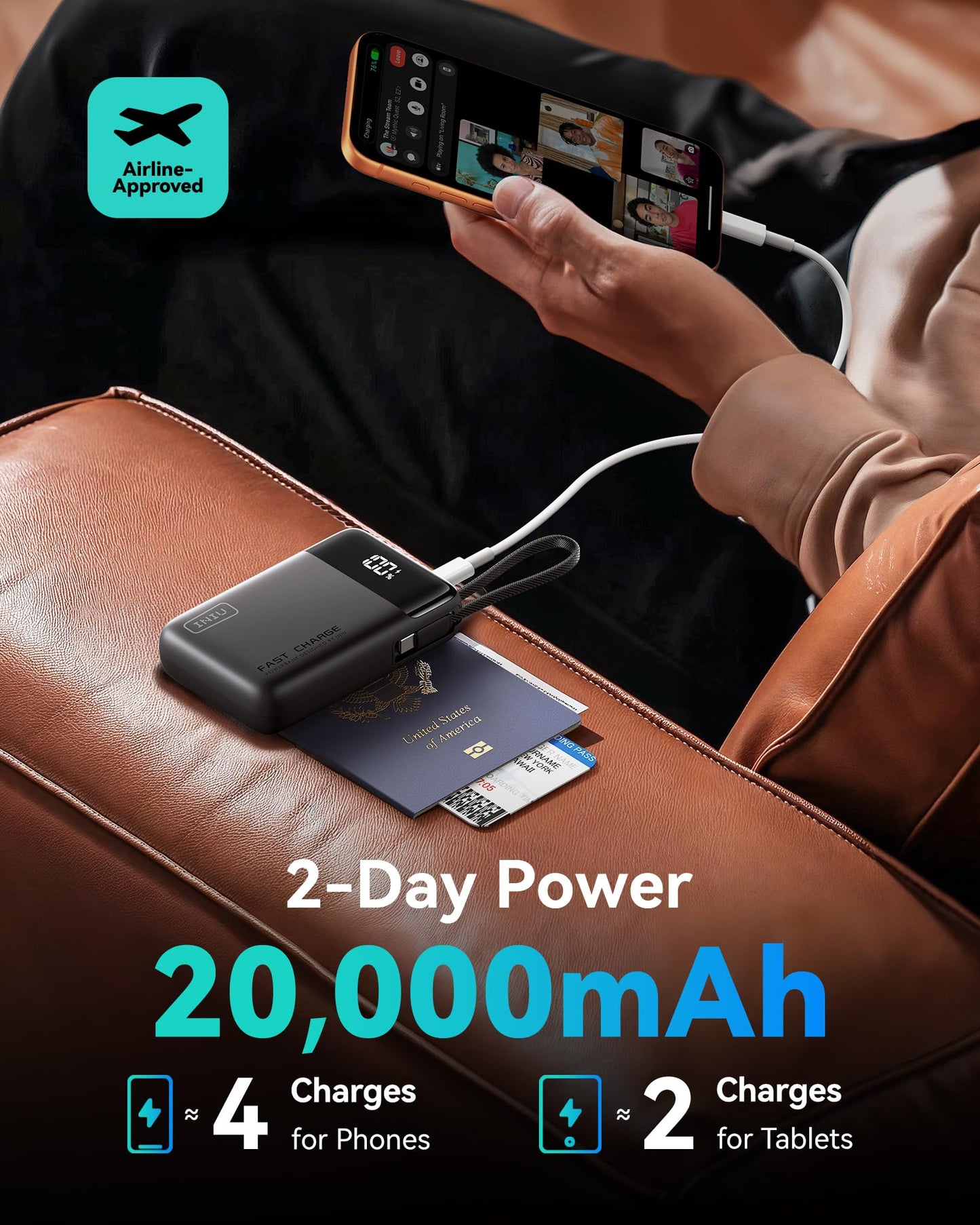 INIU 20000mAh Power Bank, Small Portable Charger, 45W PD Fast Charging Battery Pack with Build in USB-C Cable, Travel Phone Charger for iPhone 17 16 15 14 Air Samsung S25 S24 Google iPad Xiaomi, Black