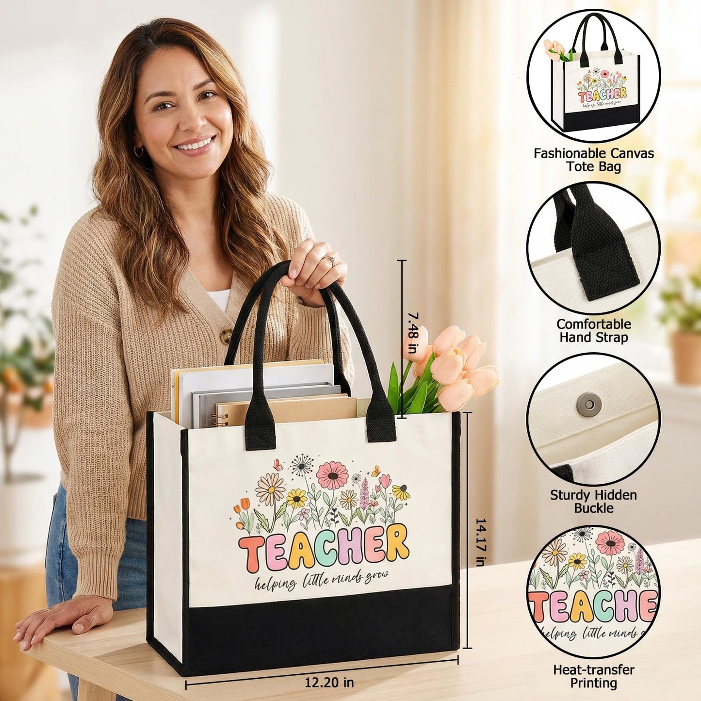 FINELOVE Teacher Appreciation Gifts for Women: 9 Pcs Teacher Gift Set with Large Functional Canvas Tote Bag & 16oz Glass Cup Thank You Gifts for Teacher Retirement, Back to School, Birthday, Christmas