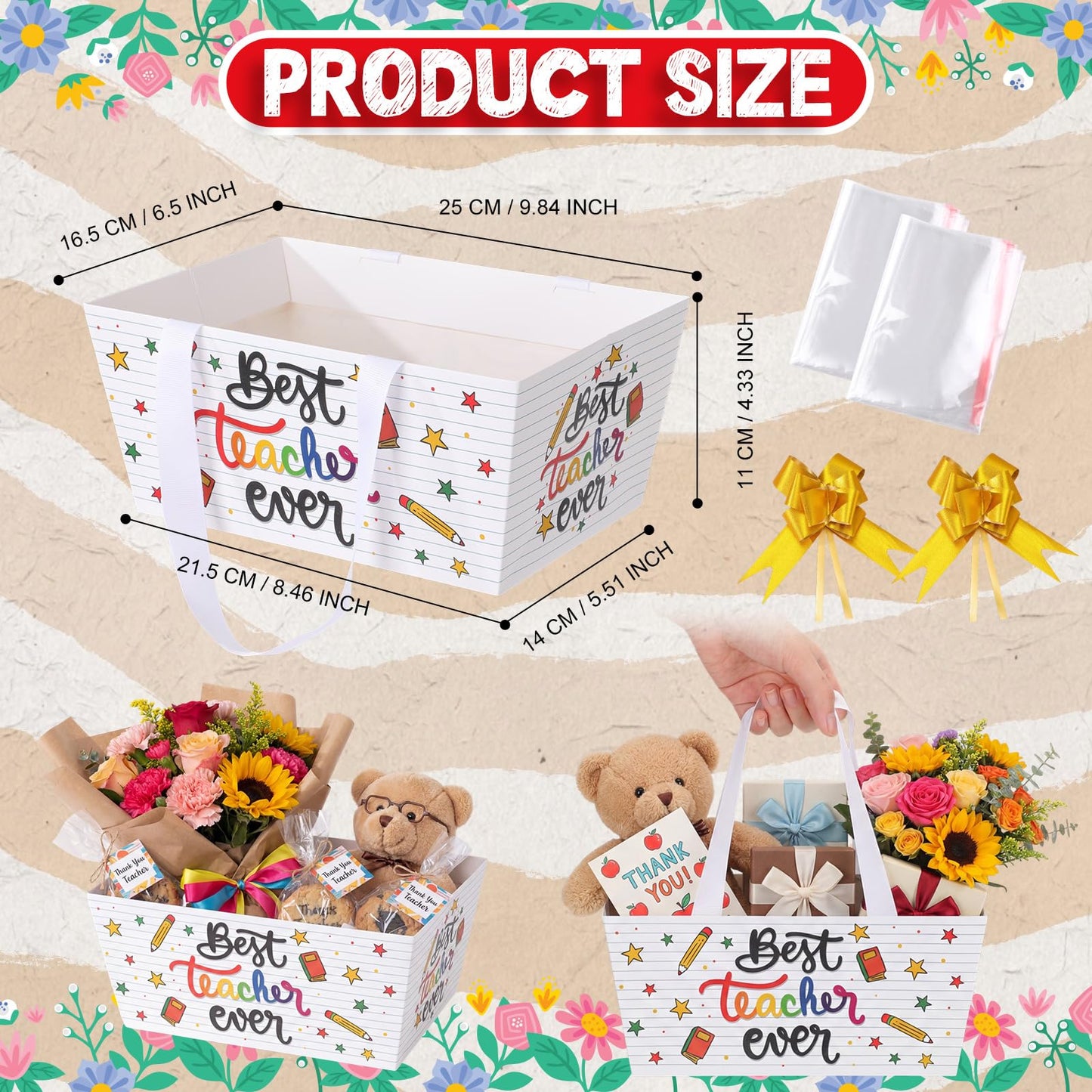 Moinchore 12 Set Teacher's Day Basket for Gifts Empty 9.8x6.5'' Best Teacher Ever Market Tray Cardboard with Bows, Cellophane Bags, Twist Tiles, Empty to Fill for Birthday Holiday Party Supply