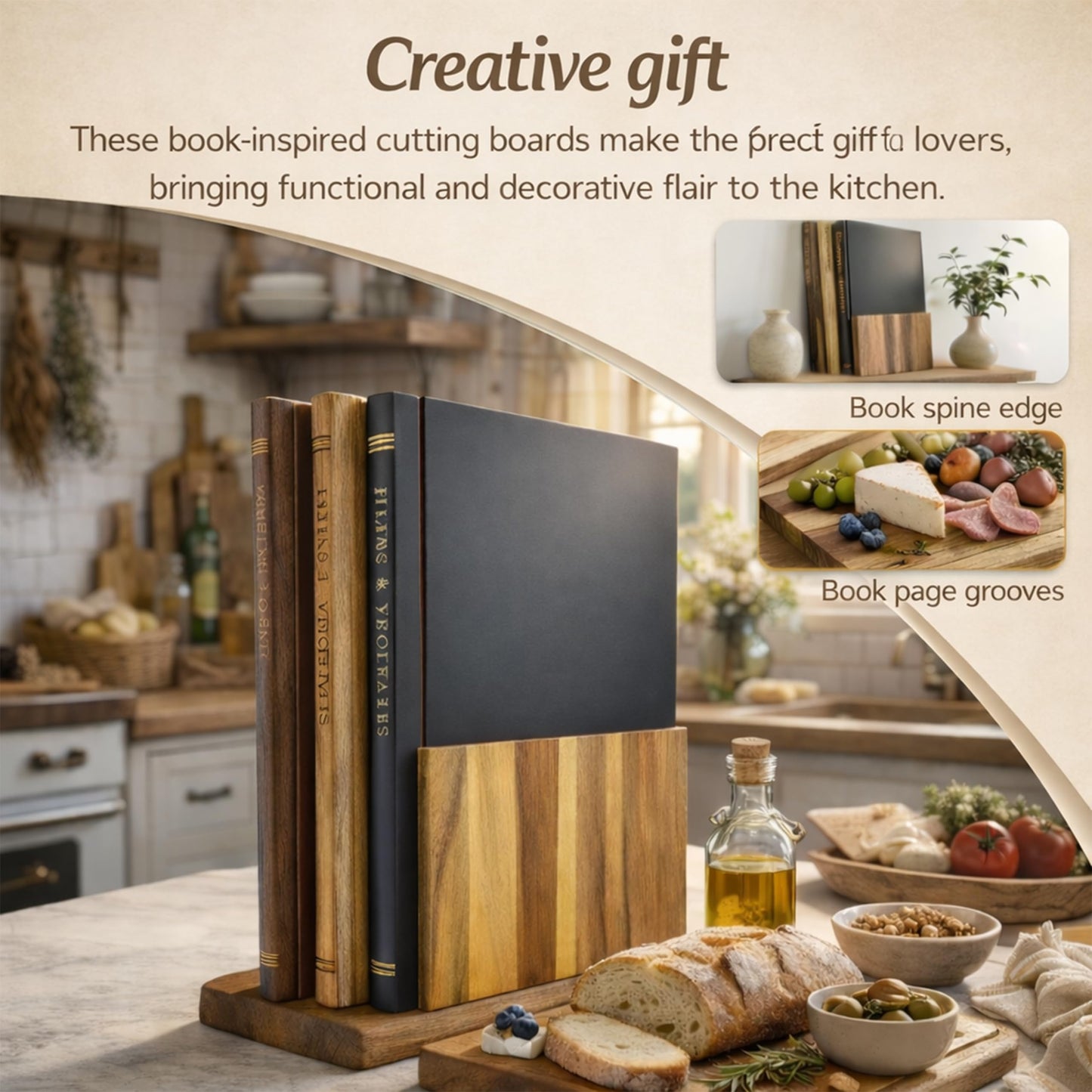 FUSAHURIY Australia Acacia Wood Book-Style Cutting Boards with Stand, Set of 3 Kitchen Boards for Hands-Free Recipe Viewing, First-Time Cooking, Breakfast Prep, Family Cooking and Housewarming Gift