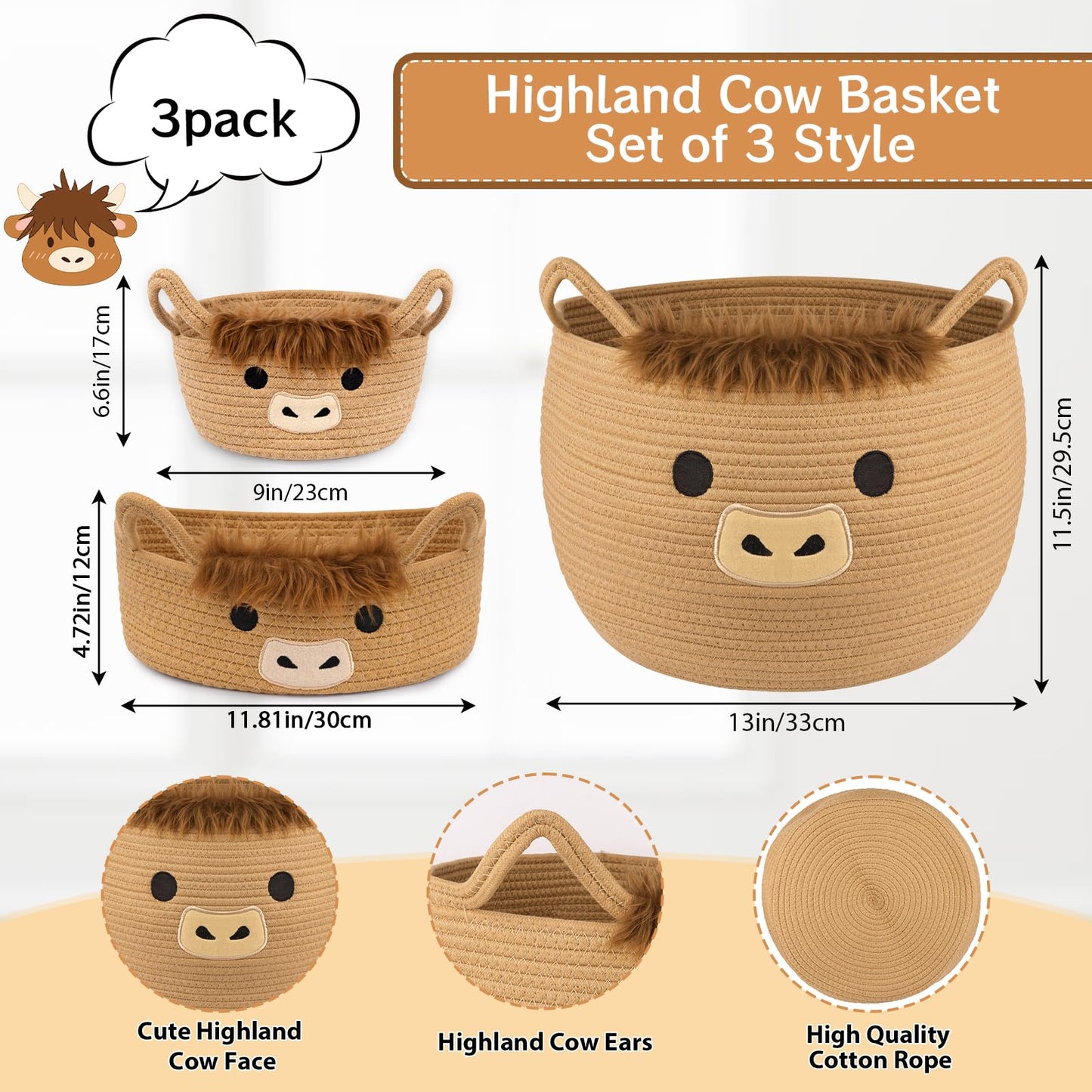 Hkojewp 3Pack Highland Cute Cow Storage Baskets Set for Nursery- Small, Oval, Large Woven Gift Basket, Rope Cotton Bins with Handles, Baby Laundry 0rganizer Shower Towel Blanket Clothes (9/12/15In)