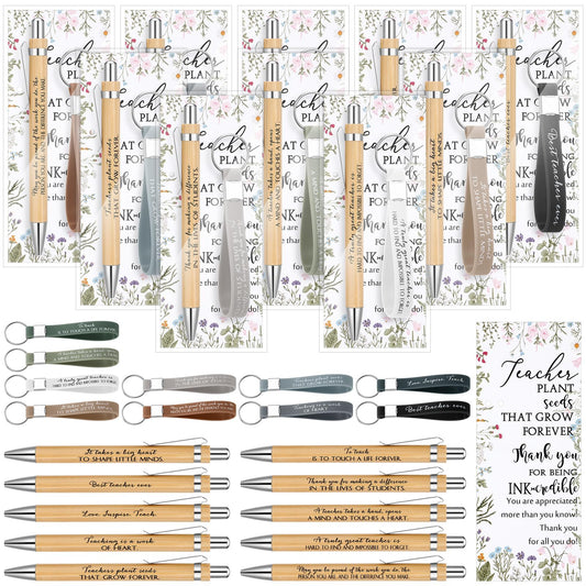 Geyoga 30 Sets Teacher Appreciation Gifts Bulk Inspirational Bamboo Pens Motivational Silicone Keychains with Thank You Cards for Employee Staff Team Teacher Appreciation Week Gifts