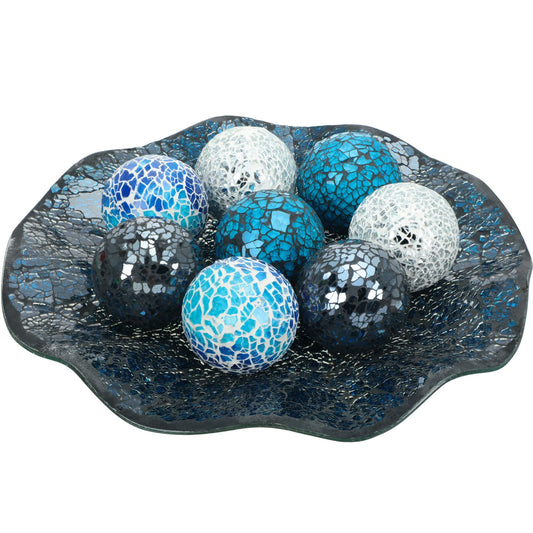 Suclain Centerpiece Bowl and Decorative Balls Set 8 Pcs Table Mosaic Plate with 2.4 Inch Glass Mosaic Orbs Glass Turquoise Tray and Spheres for Centerpiece Table Home Vases Decor(Multicolor)