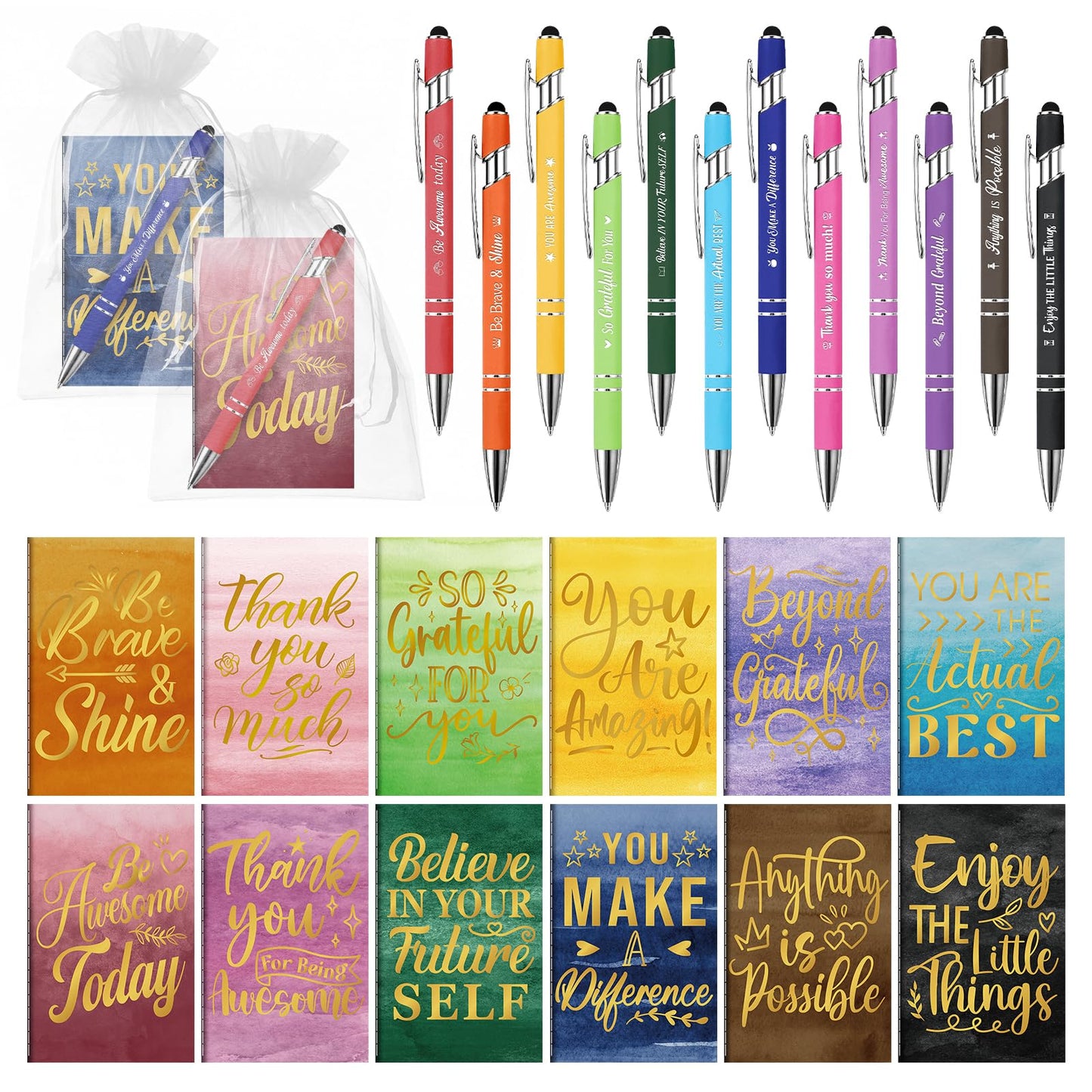 BOBOKA 12 Sets Employee Appreciation Gifts Bulk Motivational Pens Inspirational Notepads, Mini Motivational Notebooks Thank You Gifts for Coworker Teacher Staff Volunteer Nurse Office Supplies