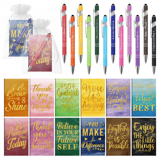 BOBOKA 12 Sets Employee Appreciation Gifts Bulk Motivational Pens Inspirational Notepads, Mini Motivational Notebooks Thank You Gifts for Coworker Teacher Staff Volunteer Nurse Office Supplies