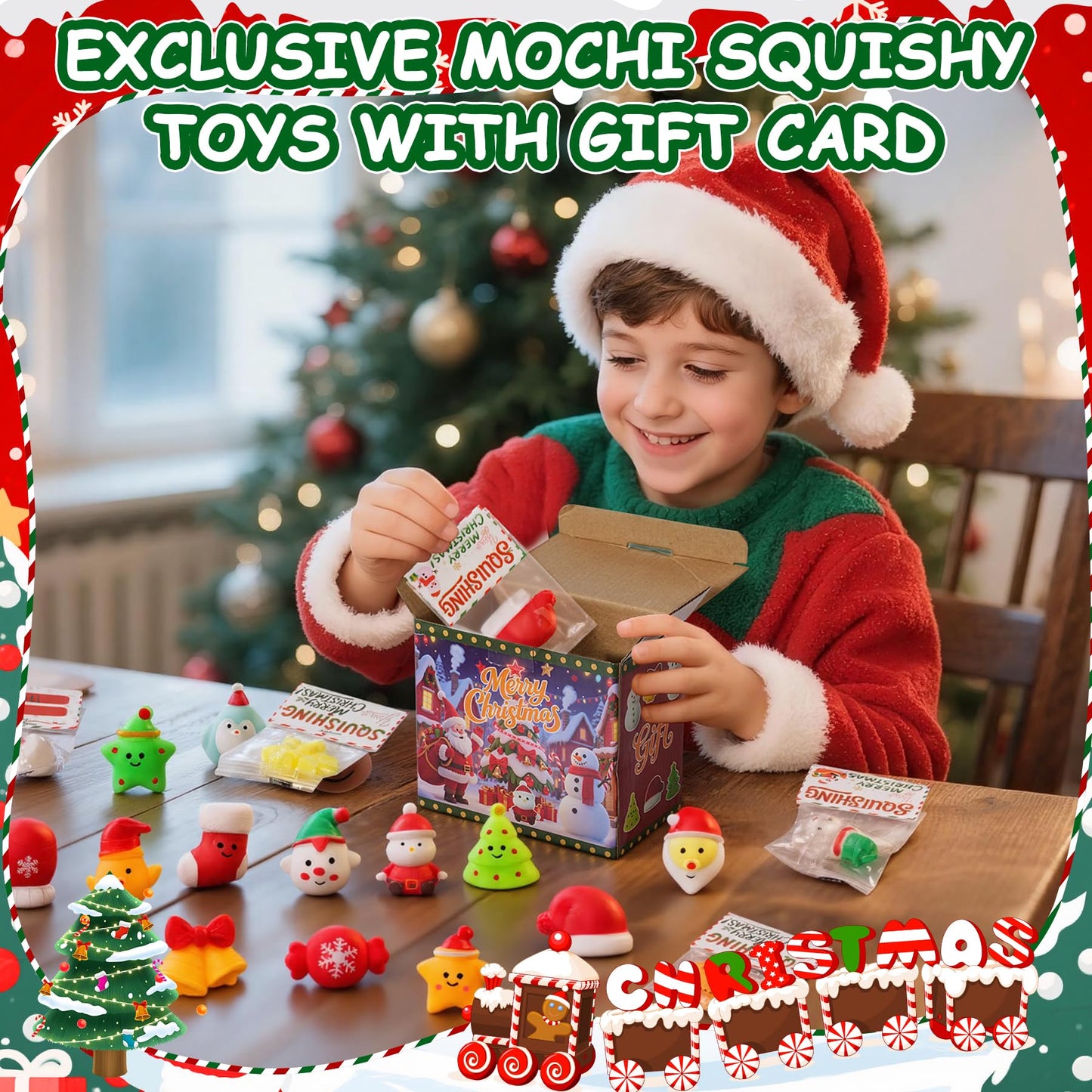 Christmas Mochi Squishy Toys 24 Pack with Gift Card, Mini Squishy Toys, Christmas Stocking Stuffers, Party Favors for Kids, Stress Relief Toys, Goodie Bags Fillers (Christmas Red Box)
