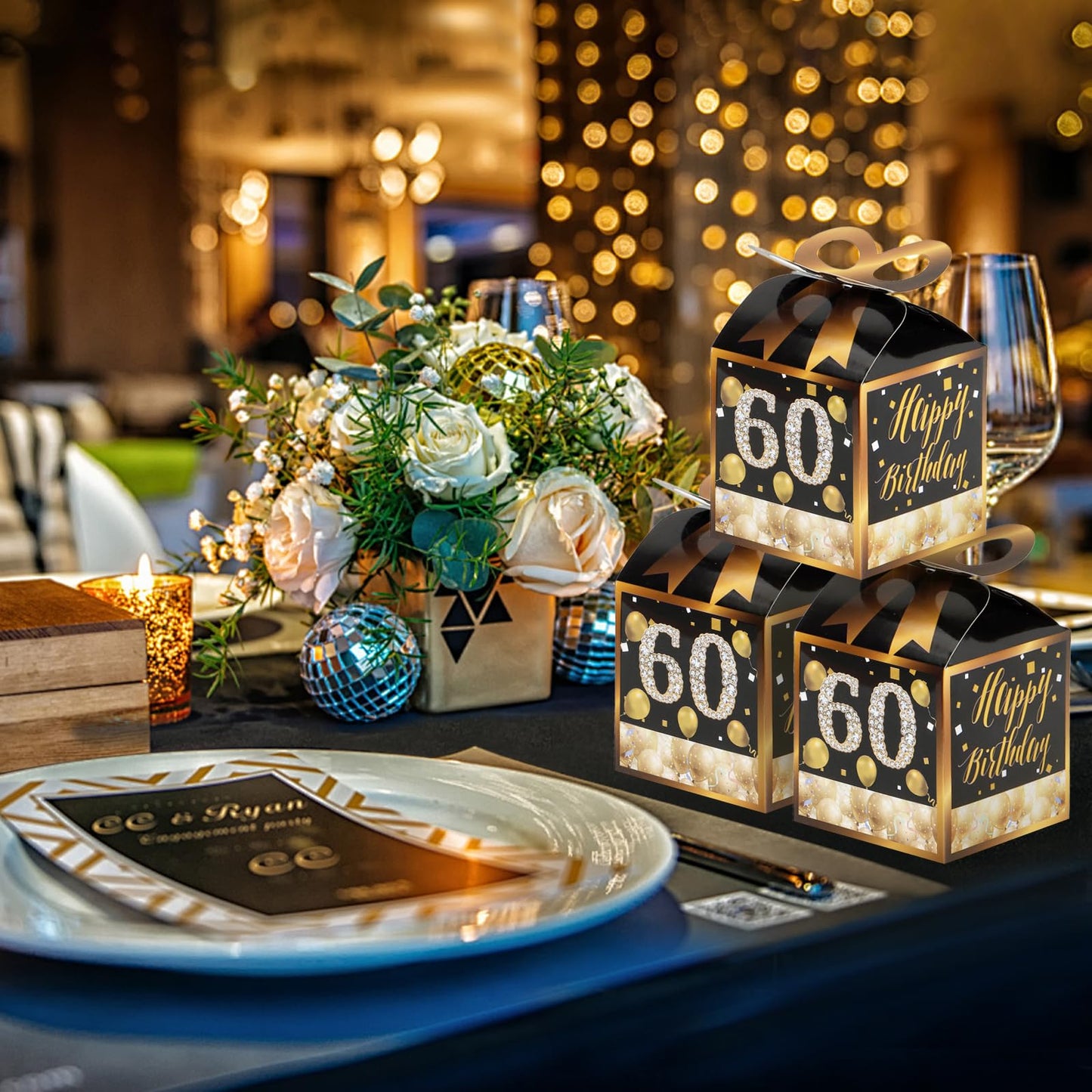 Qonmpcvu Square Boxes For Gifts, Black And Gold Decorations Box,60th Birthday Favor Bags, 60th Party Favors Gifts Box, Favor Boxes For Party, Black And Gold Happy Birthday Bags With Candy (BLACK Gold, M)