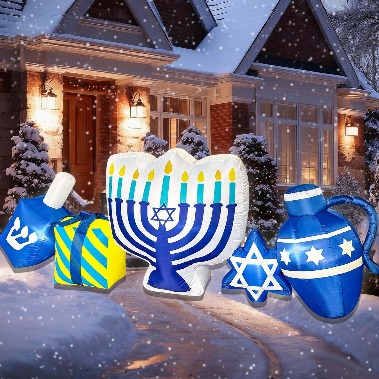 BLOWOUT FUN 8FT Hanukkah Inflatables Menorah Dreidel Gift Box Star Combo Built-in LED Lights Chanukkah Inflatable Decor Hanukkah Blow Up Decorations Outdoor Indoor Yard Garden Lawn Home Party