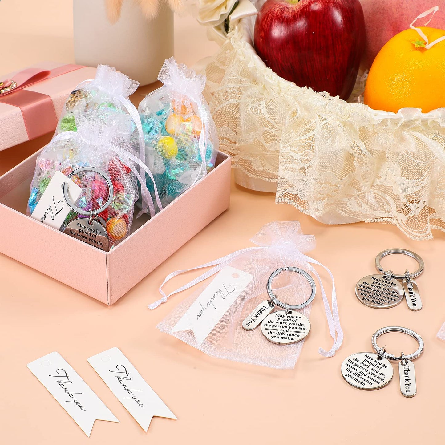 Yinkin 36 Pcs Employee Appreciation Gifts Bulk for Coworkers Keychains Organza Bags with Cards for Staff Graduation Favors(Silver)