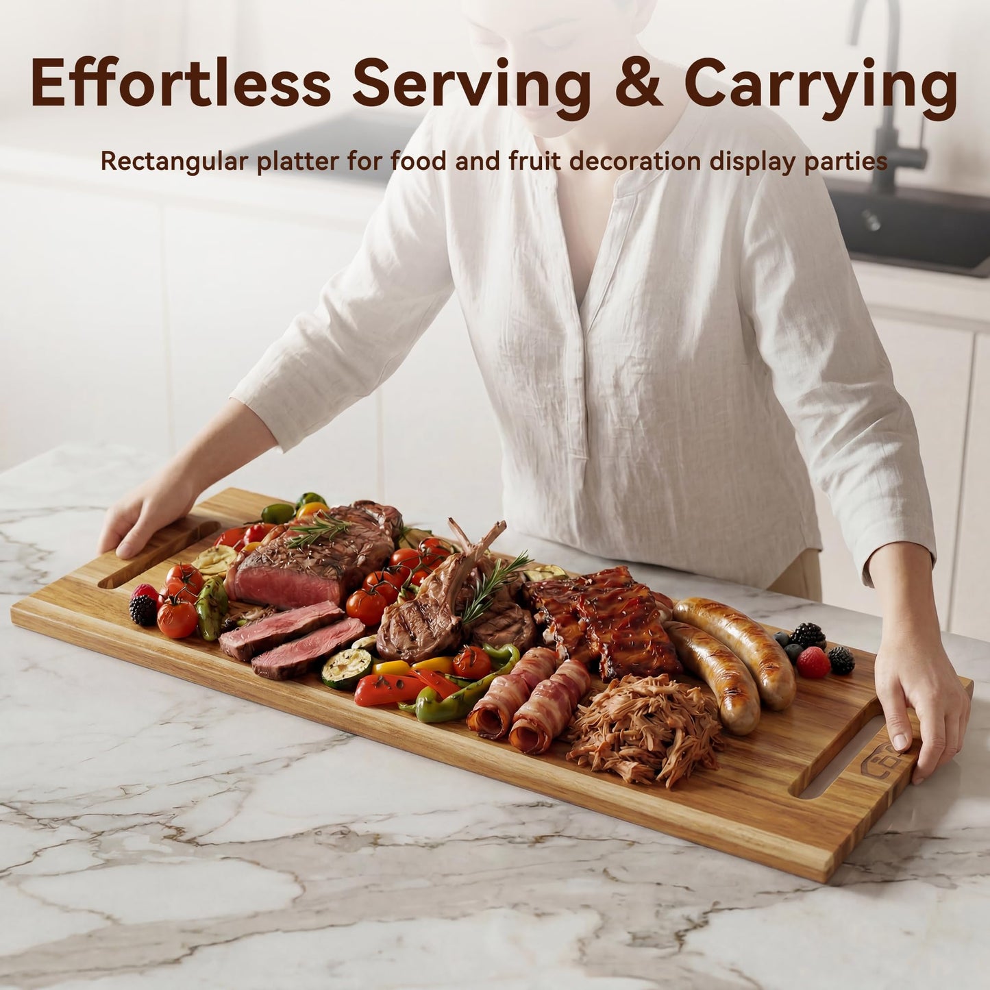LDQ Extra Large 36 x 11 Inch Acacia Wood Cutting Board, 3-in-1 Cutting, Serving & Display Board, XXL Long Charcuterie Boards with 2 Wooden Stands, for Kitchen Prep & Party Table Centerpiece