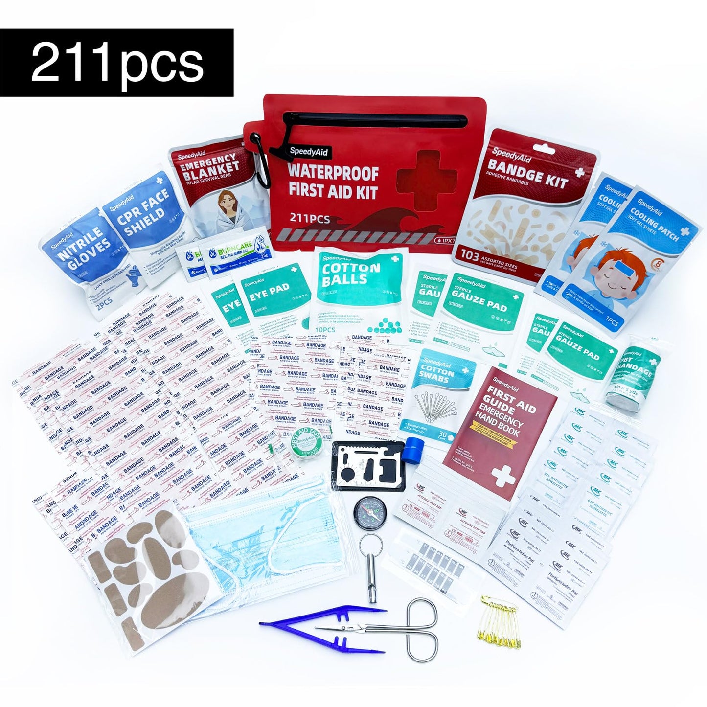 211 PCS Waterproof First Aid Kit, IPX7 Rated Dry Bag with Airtight Zipper, Portable Emergency Medical Supplies for Hiking, Boating, Swimming, Camping & Outdoor Activities
