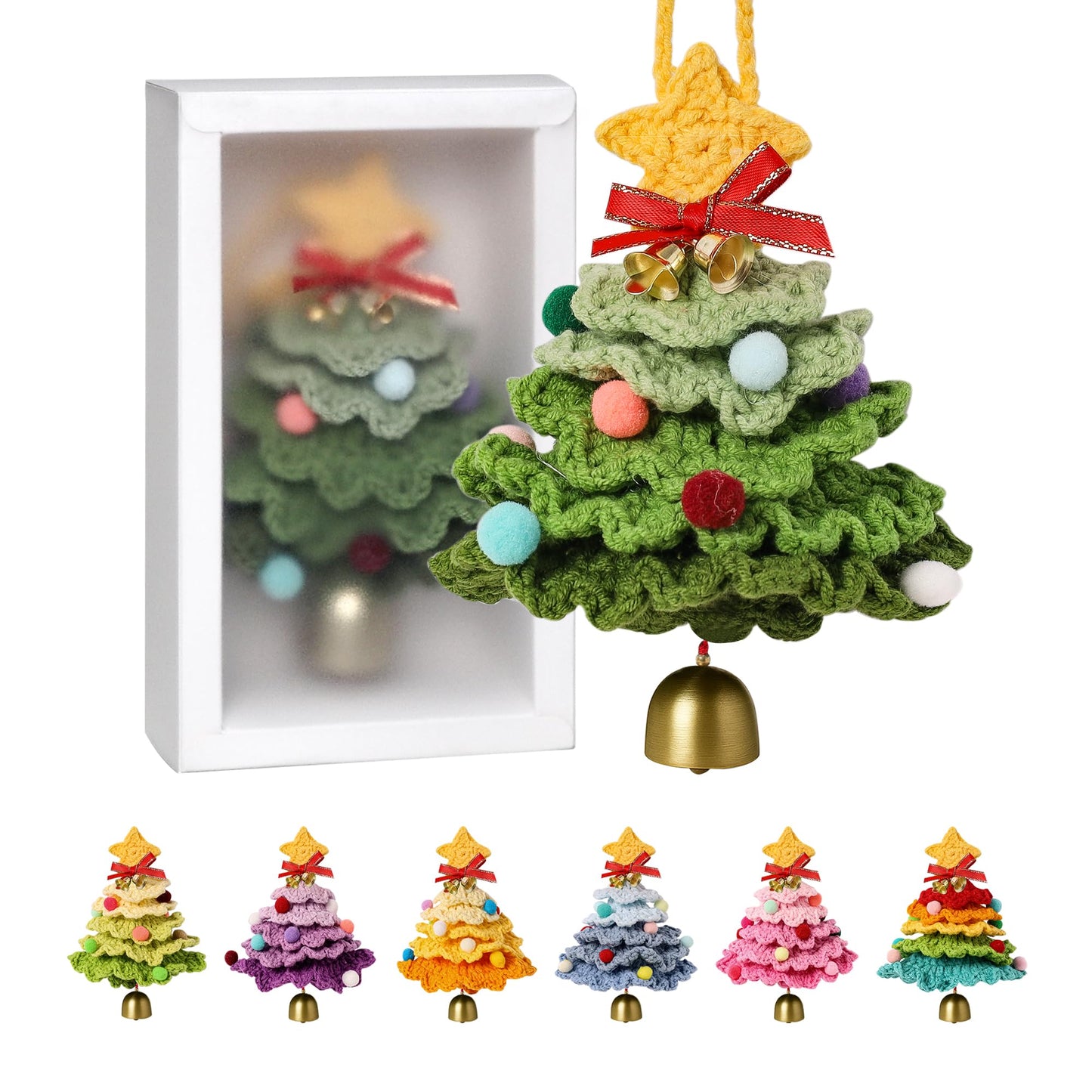 JSSTEM Handmade Crochet Christmas Tree, Hand-Knitted Ornaments Car Pendant with Bells, Stars, Bows & Pom Poms, Cotton Xmas Decor for Holiday Tree, Festive Gift, Home, Car and Party Decor, Green