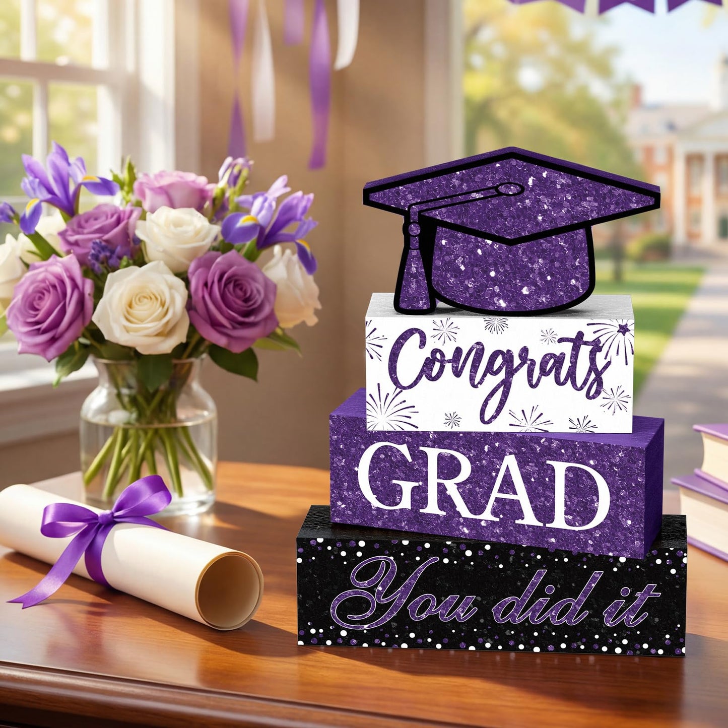 Cinnvoice 4 Pcs Graduation Table Decor 2026 Congrats Grad Centerpiece Class of 2026 Wood Sign Graduation Tiered Tray Decor Farmhouse Congratulate Gifts for Home Shelf Party Decorations(Purple)