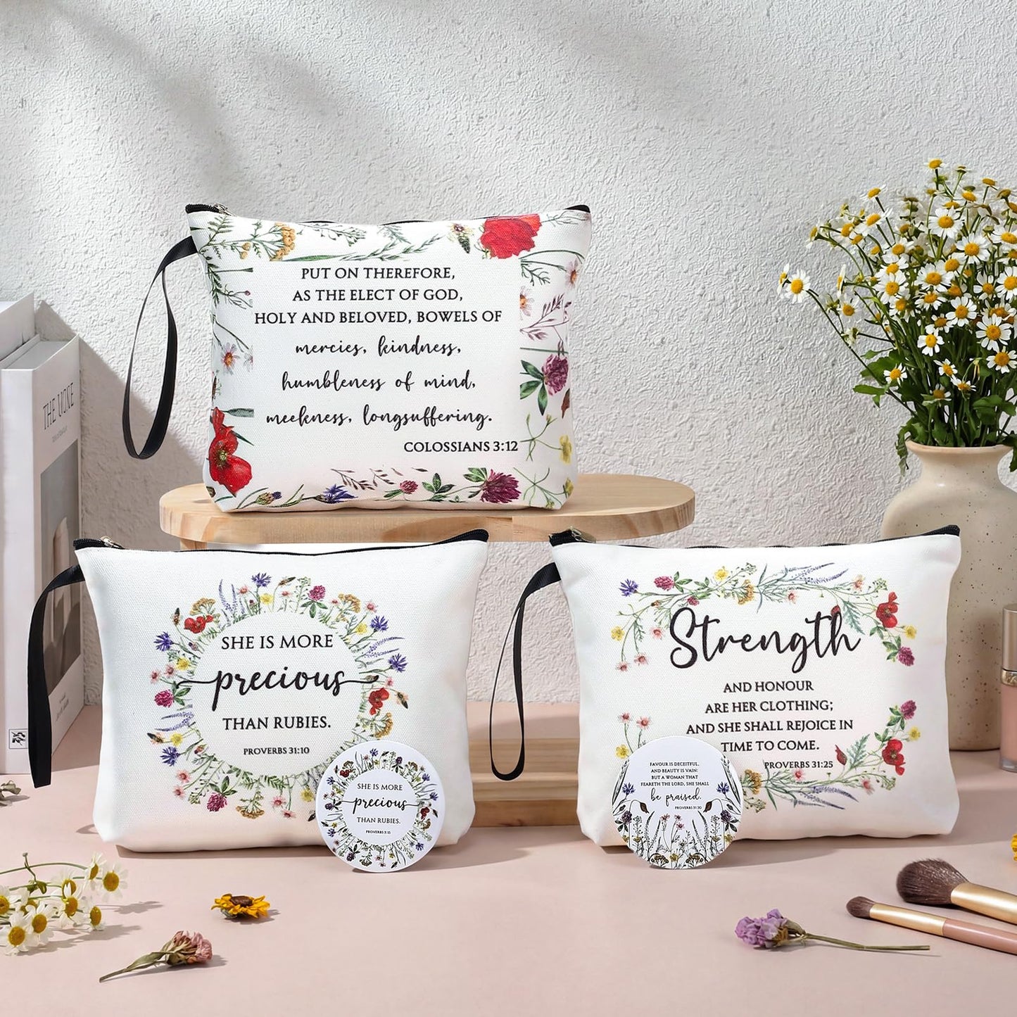 Kacctyen 20 Sets Christian Mother's Day Makeup Bag Bulk Christian Gift for Mother Religious Pocket Compact Mirror Inspirational Bible Cosmetic Bag with Zipper for Women Mom Church Member (Wildflower)