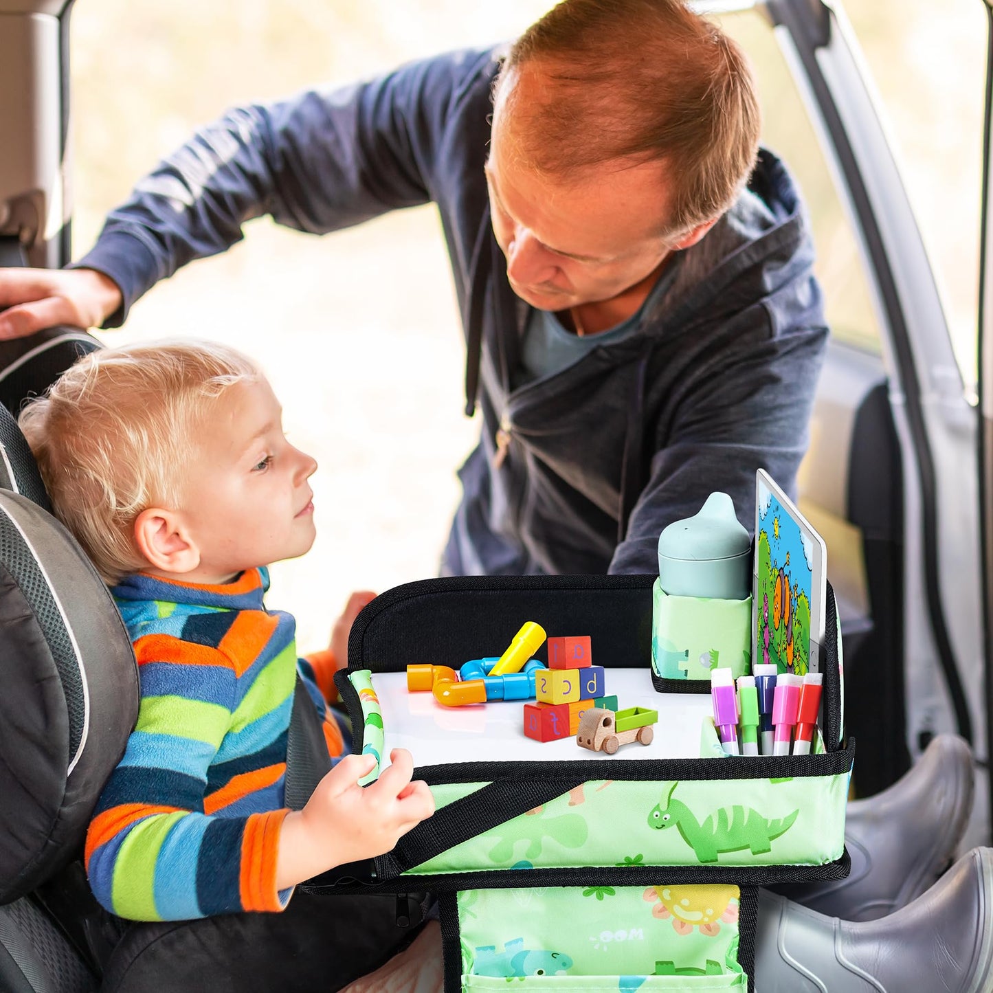 WENRENER Kids Travel Tray, Car Seat Tray for kids Travel, Toddler Road Trip Essentials With Drawing Kit, Toddler Lap Desk Organizer for Car, Carseat Table for Airplane