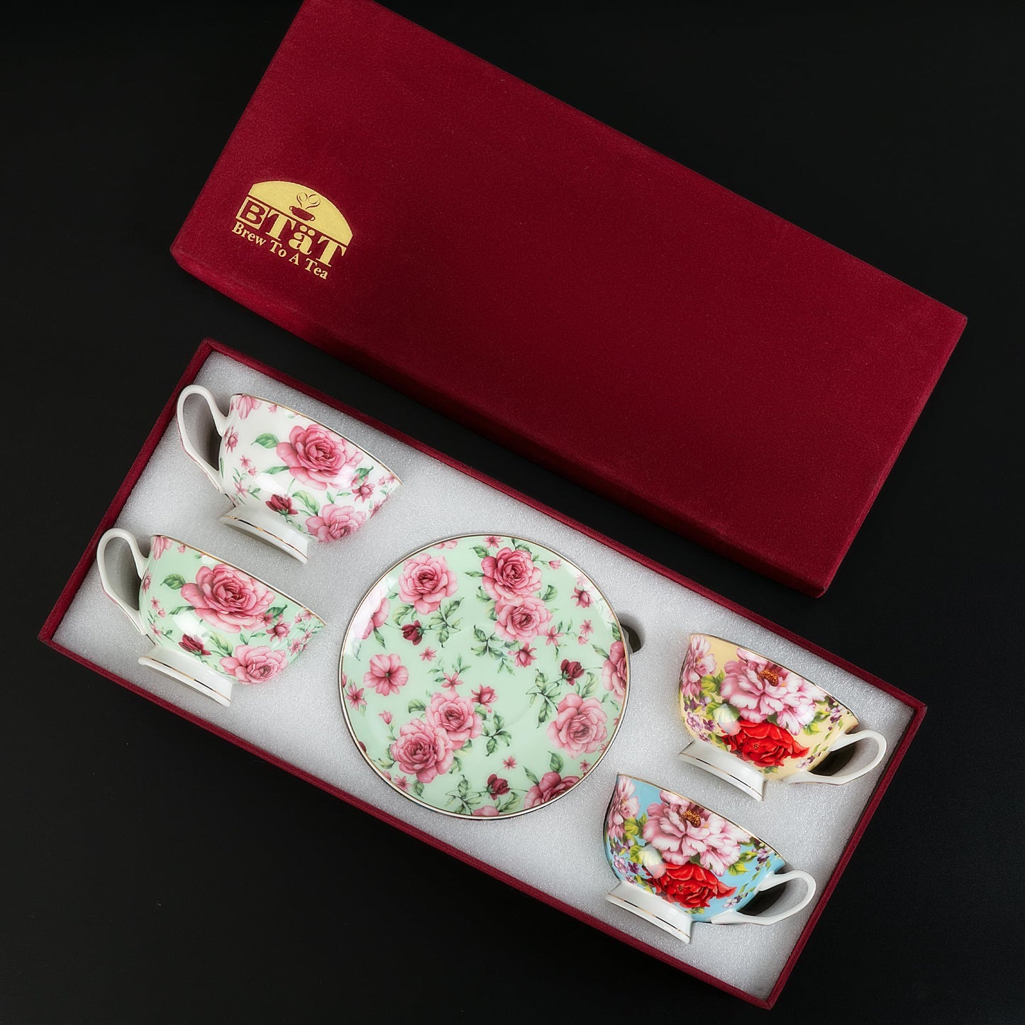 BTaT- Floral Tea Cups and Saucers Set of 4 (8 oz), Porcelain Tea Cup Sets with Gold Trim & Gift Box, Dishwasher & Freezer Safe, Mothers Day Gift