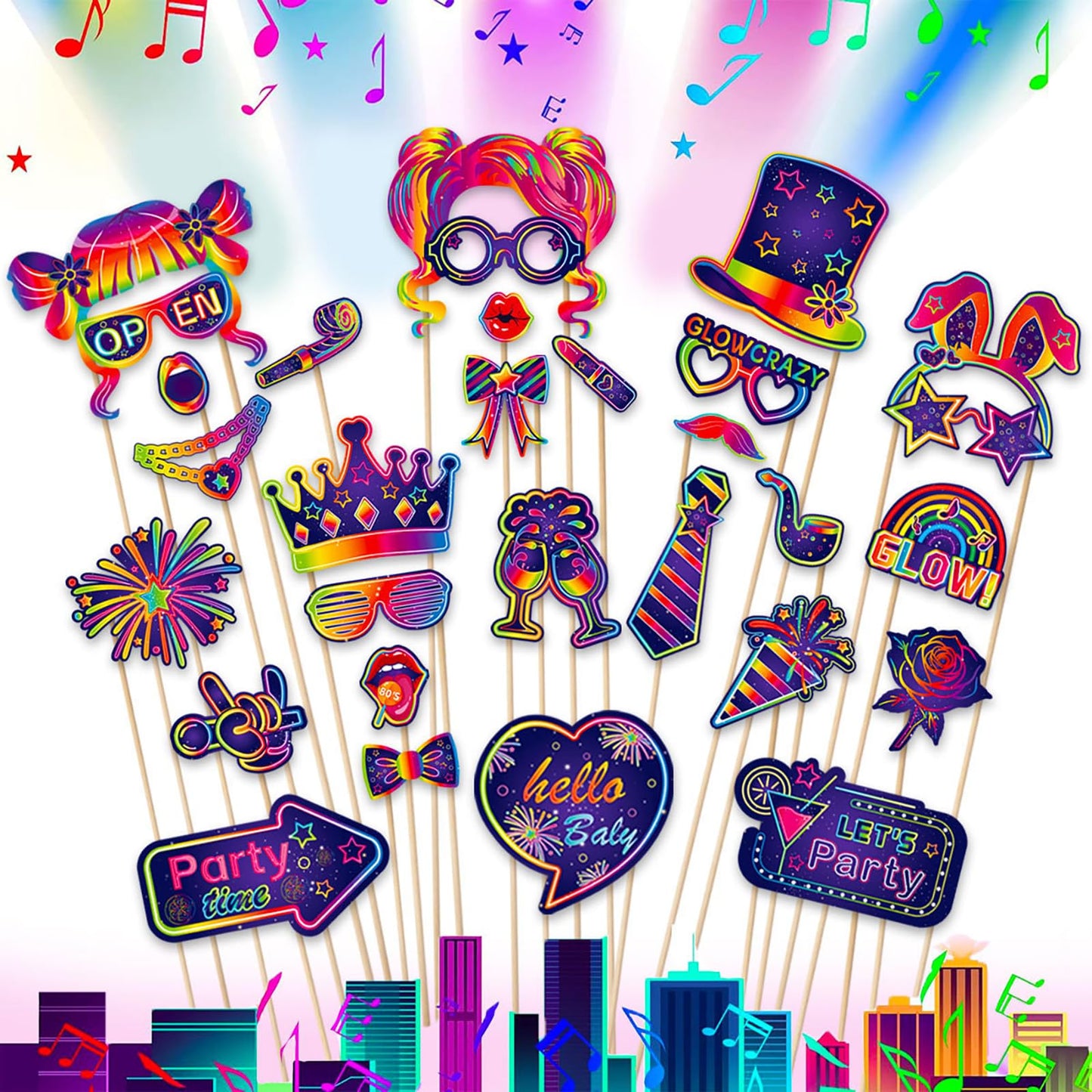 LMSHOWOWO 30PCS Neon Photo Booth Props, Glow Inflatable Photo Booth Frame, Funny Selfie Props for Neon Party Accessories Let's Glow in The Dark Birthday Party Wedding Carnival