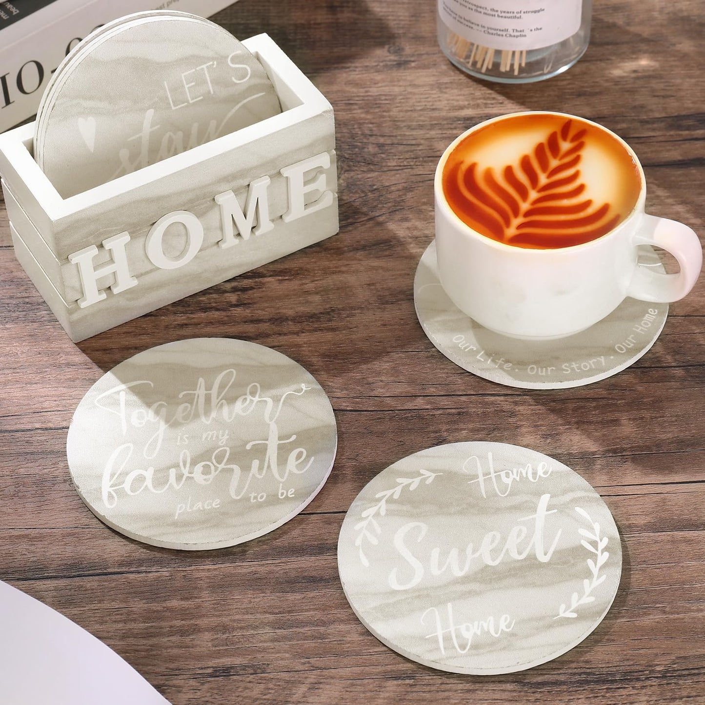 Queekay Coasters Set of 6 House Warming Gifts New Home Wooden Farmhouse Drink Coasters with Holder 4'' Funny Decoration for Kitchen Family Coffee Bar Tabletop Protection(Brown Marble)