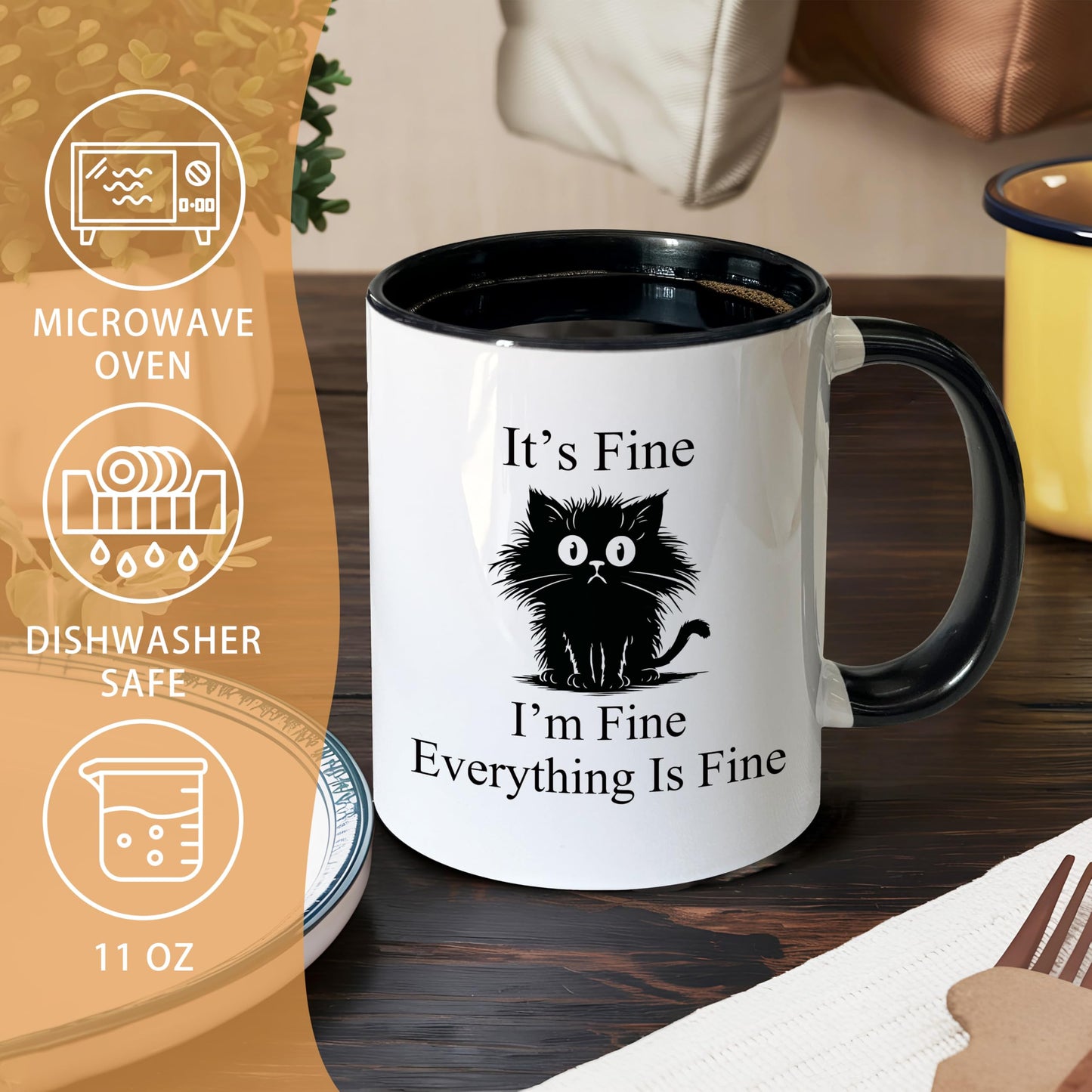 Foyoulame Black Cat Gifts Funny Coffee Mugs - Black Cat Mug, Funny Sarcastic Cats Coffee Teacup, Cat Lover Gifts for Women, I'm Fine Everything is Fine Ceramic CoffeeMug 11oz