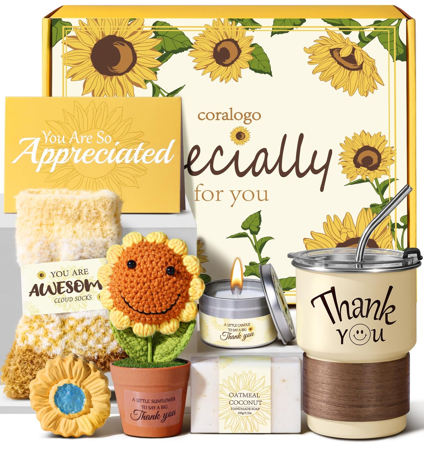 Coralogo Thank You Gift Basket for Women - 7pcs Teacher Appreciation Gifts, Thank You Gift Baskets for Teacher, Nurse, Employee, Coworker, Social Worker, Secretary with Crochet Sunflower