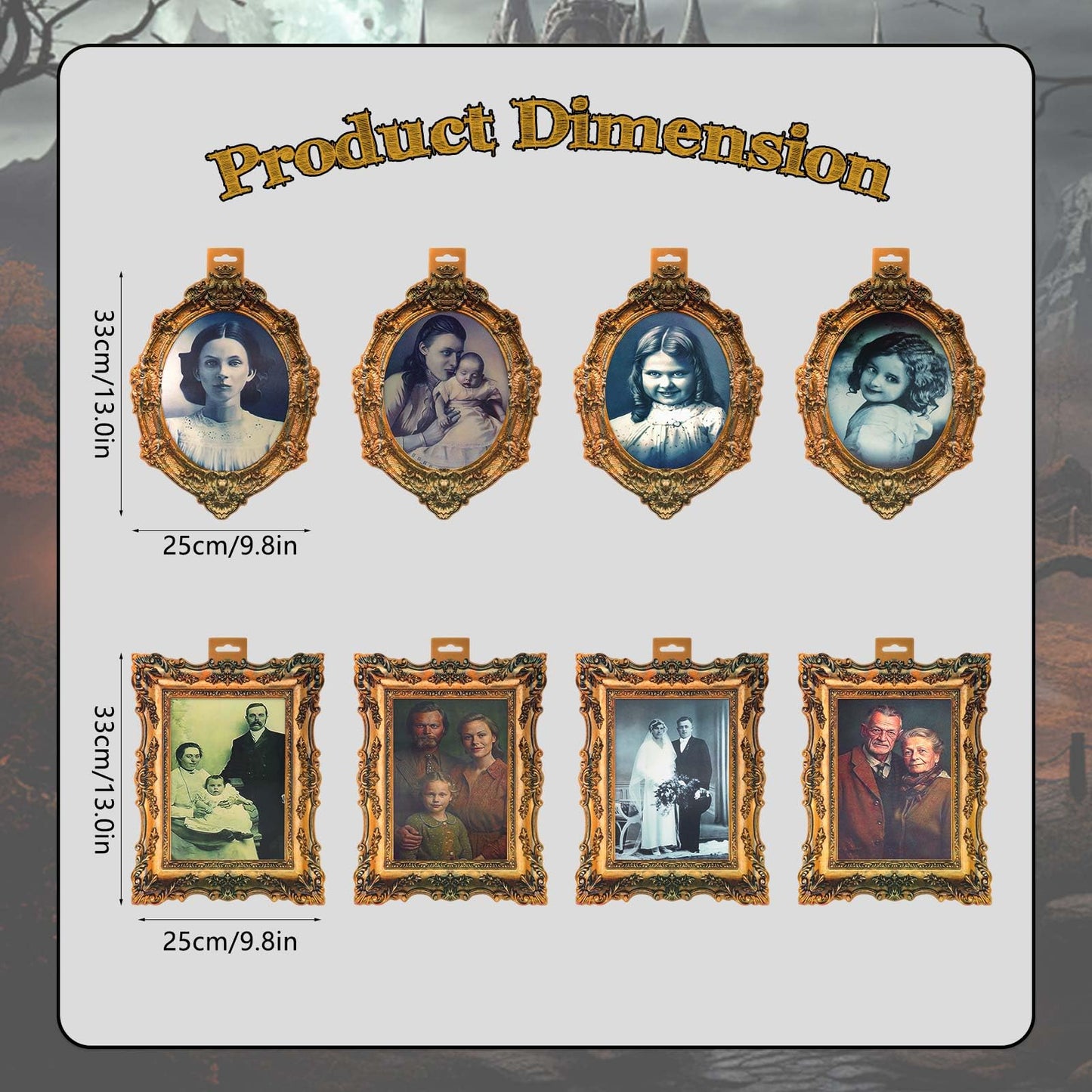 YBB 8Pcs Halloween 3D Changing Face Moving Pictures, Horror Portrait Frame Scary Photo with Hanging Hole Creepy Wall Decor for Home Castle Haunted Mansion House Halloween Party