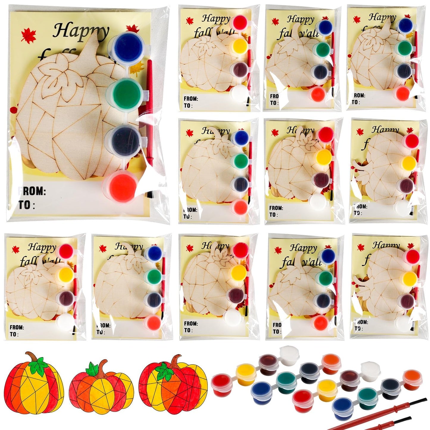 24 Sets Thanksgiving Fall Pumpkin Party Favors Pumpkin Wooden Painting Craft Kits Autumn Party Decors Thank You for Coming Gifts for Kids Happy Fall Y’all Cards - Birthday Crafts Bulk Harvest Supplies