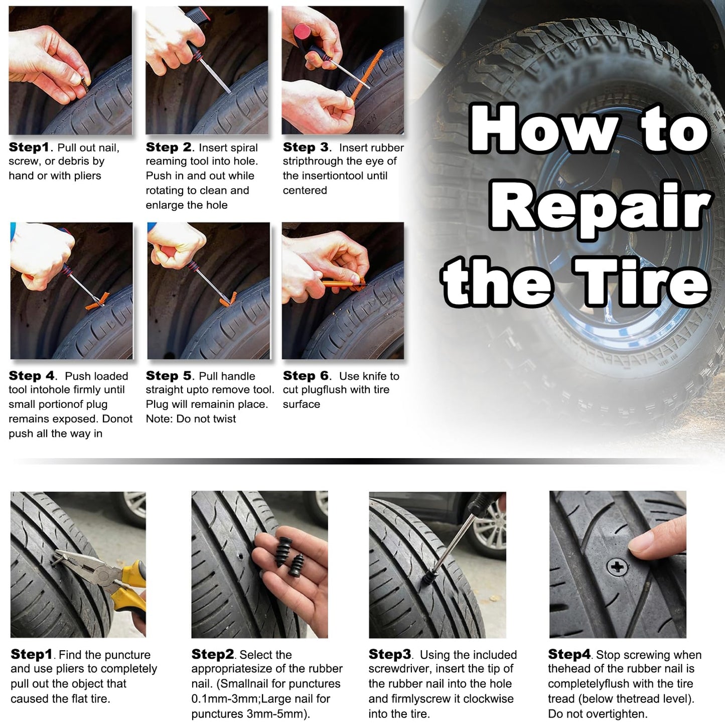45Pcs Tire Repair Kit with Tire Plugs & Rubber Nail, Professional Heavy Duty Emergency Tire Repair Screw Tool Kit, Flat Tire Repair Plug Kit for Car Motorcycle ATV Tractor Truck Lawn Mower (Gray)