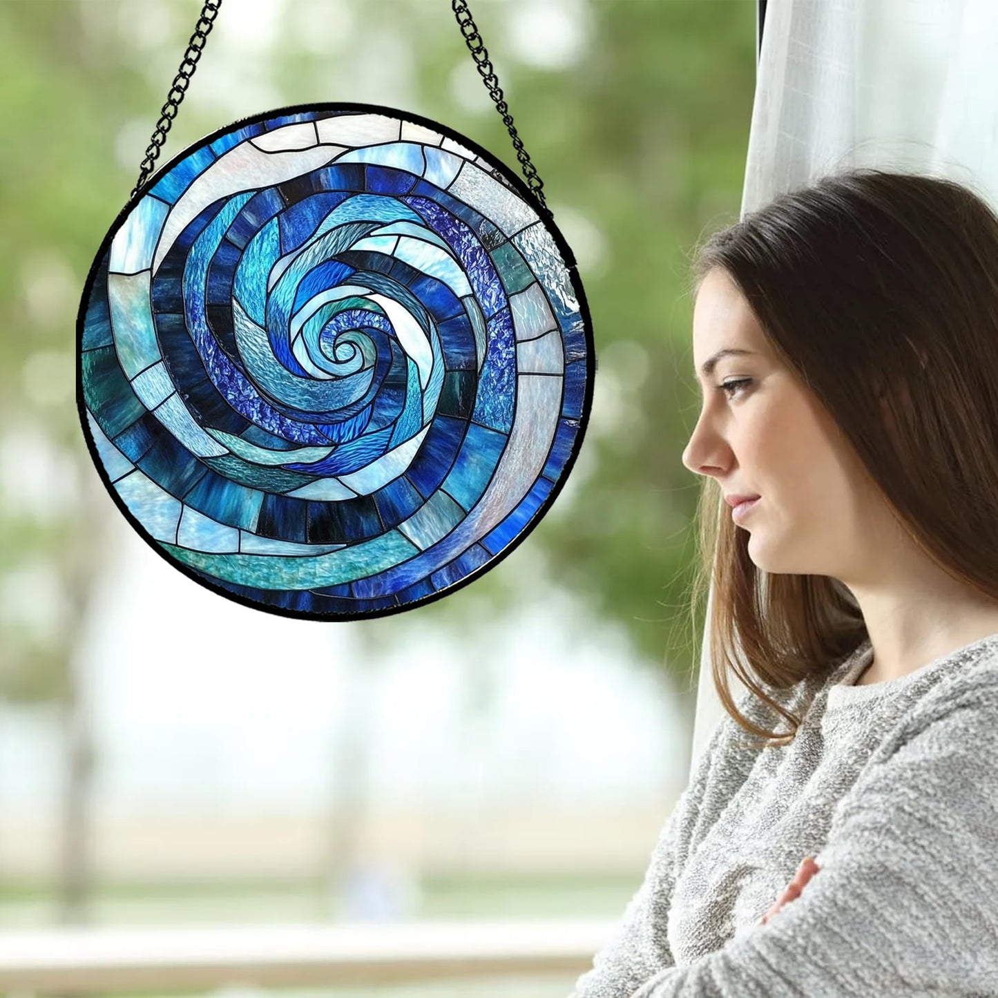 CRISGIF Stained Glass Window Hanging - Blue Abstract Swirl Suncatcher for Doors Garden Patio Unique Sun Catchers Decor Christmas Mother's Day Birthday Gifts for Women Men Mom Nana Friend 11.8 in