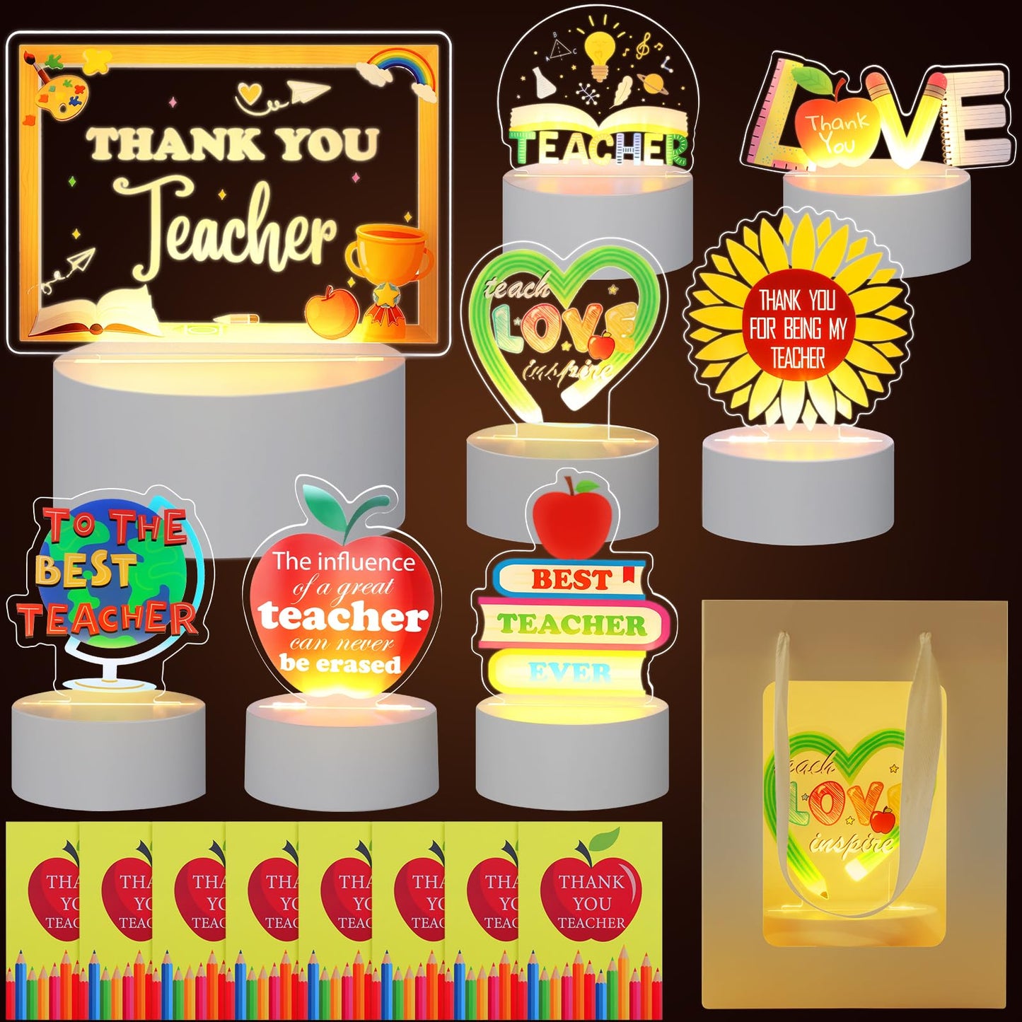 8 Set/24 Pcs Teacher Appreciation Gifts Bulk, Acrylic Night Light Light up Engraved Table Sign Graduation Farewell Thank You Teacher Gifts for Desk Decor Night Lamp with Thank You Cards Bags