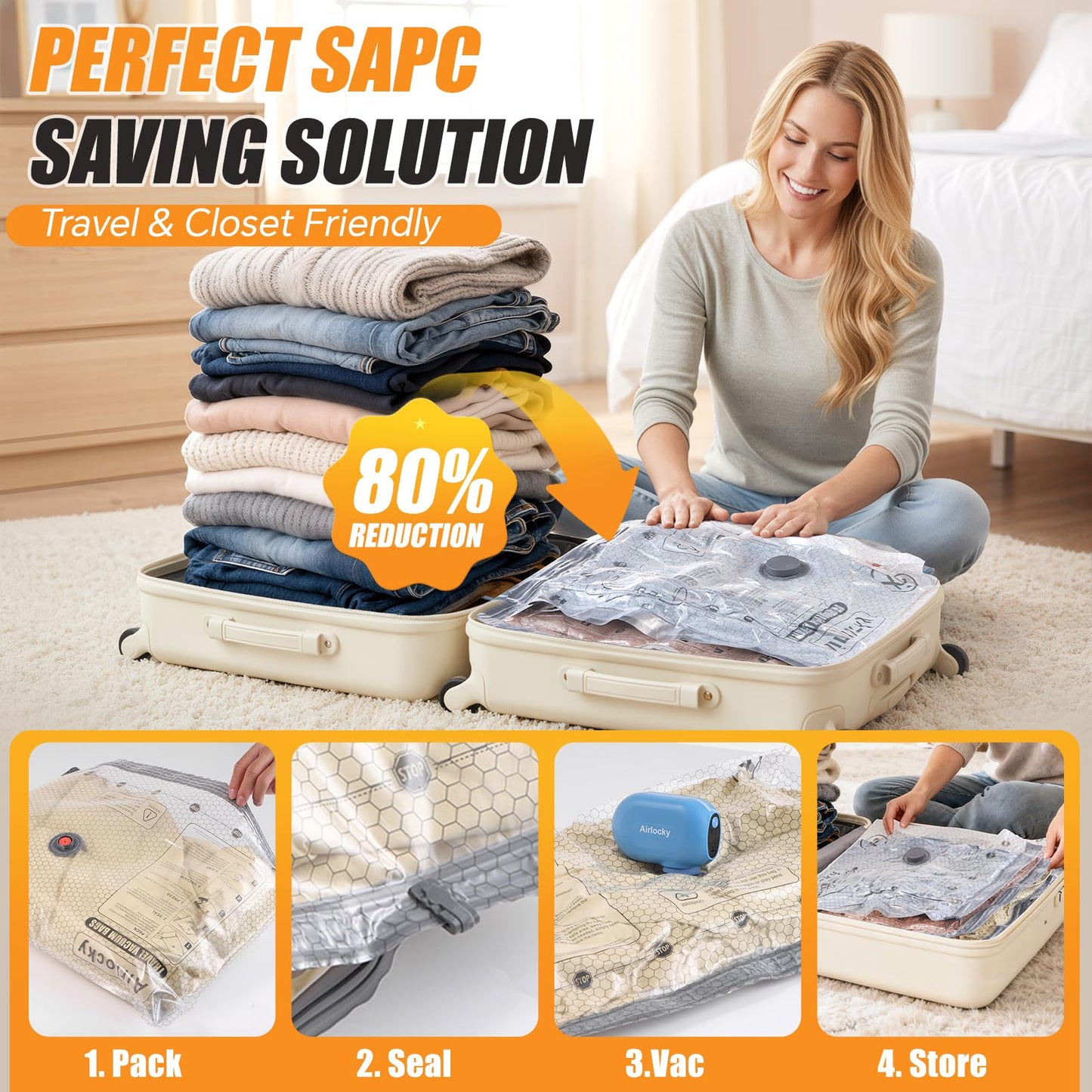 Airlocky Travel Vacuum Storage Bags with Pump, 12 Pack Carry-on Compression Packing Bags + Portable Electric Pump, 80% Space Saver of Clothes, Vacuum Seal Bags for Clothing Travel Luggage
