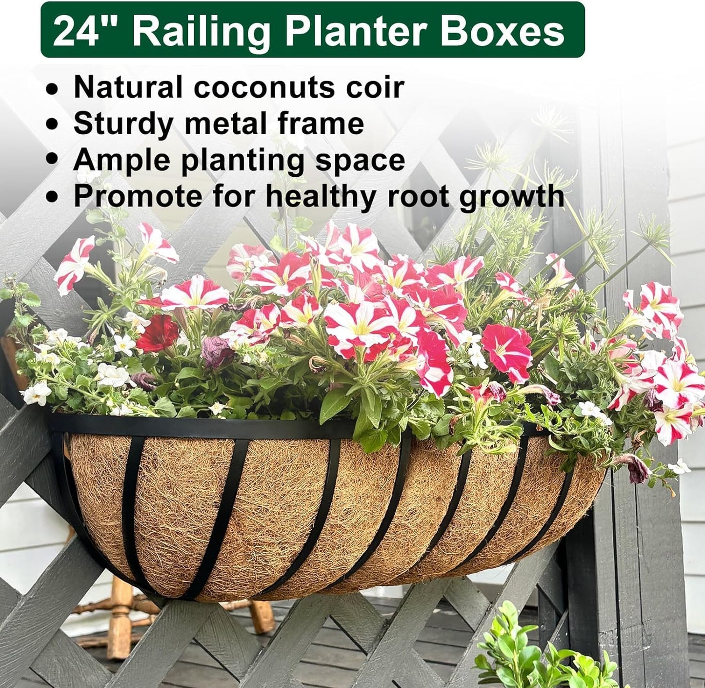 DUNCHATY 24 Inch Railing Planter Box 3 Pack - Metal Window Flower Box with Coco Coir Liner & Adjustable Hooks for Deck Balcony Porch Fence - Outdoor Horse Trough Planter for Herbs & Flowers