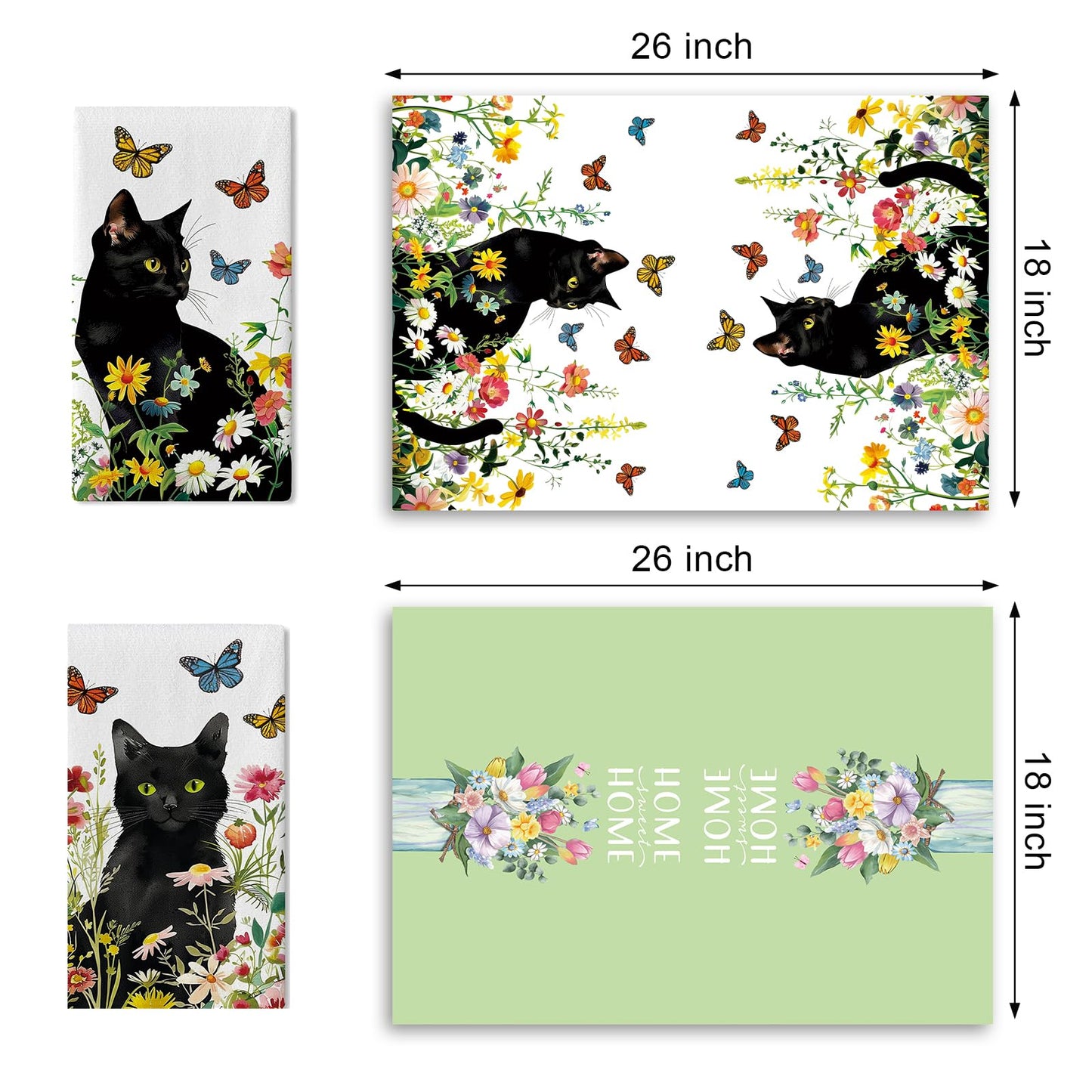 Croar Spring Summer Black Cat Floral Kitchen Dish Towels Set of 2, Daisy Flower Butterfly Drying Hand Towel Baking Cooking Cloth, Wildflower Bathroom Home Decoration Pet Cat Owner Lover Gift 18''x26''