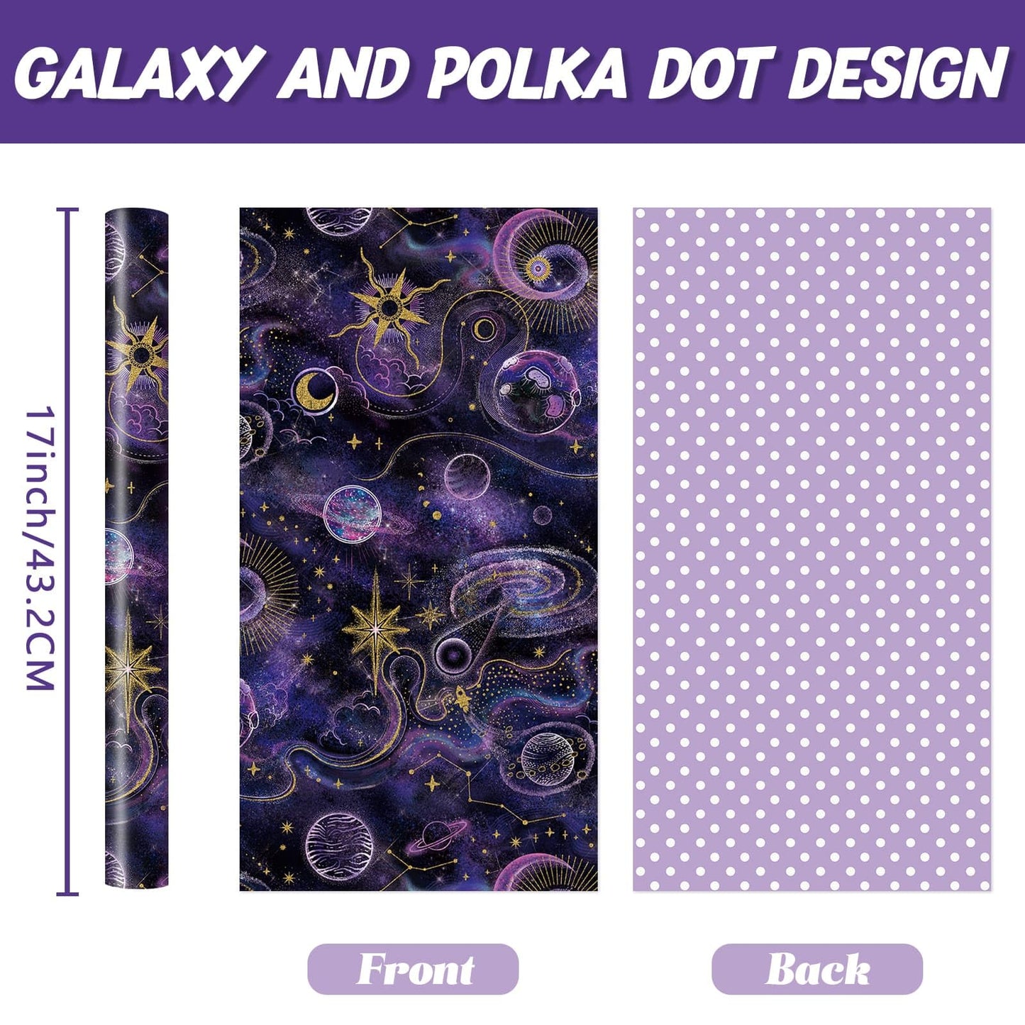 WERNNSAI Galaxy Wrapping Paper Roll - 1 Roll 17” x 33 ft Purple Dark Night Sky Nebula Star Wrapping Paper for Boys Girls Reversible Polka Dot Design Gift Wrap for Birthday Holiday Baby Shower Party Favors