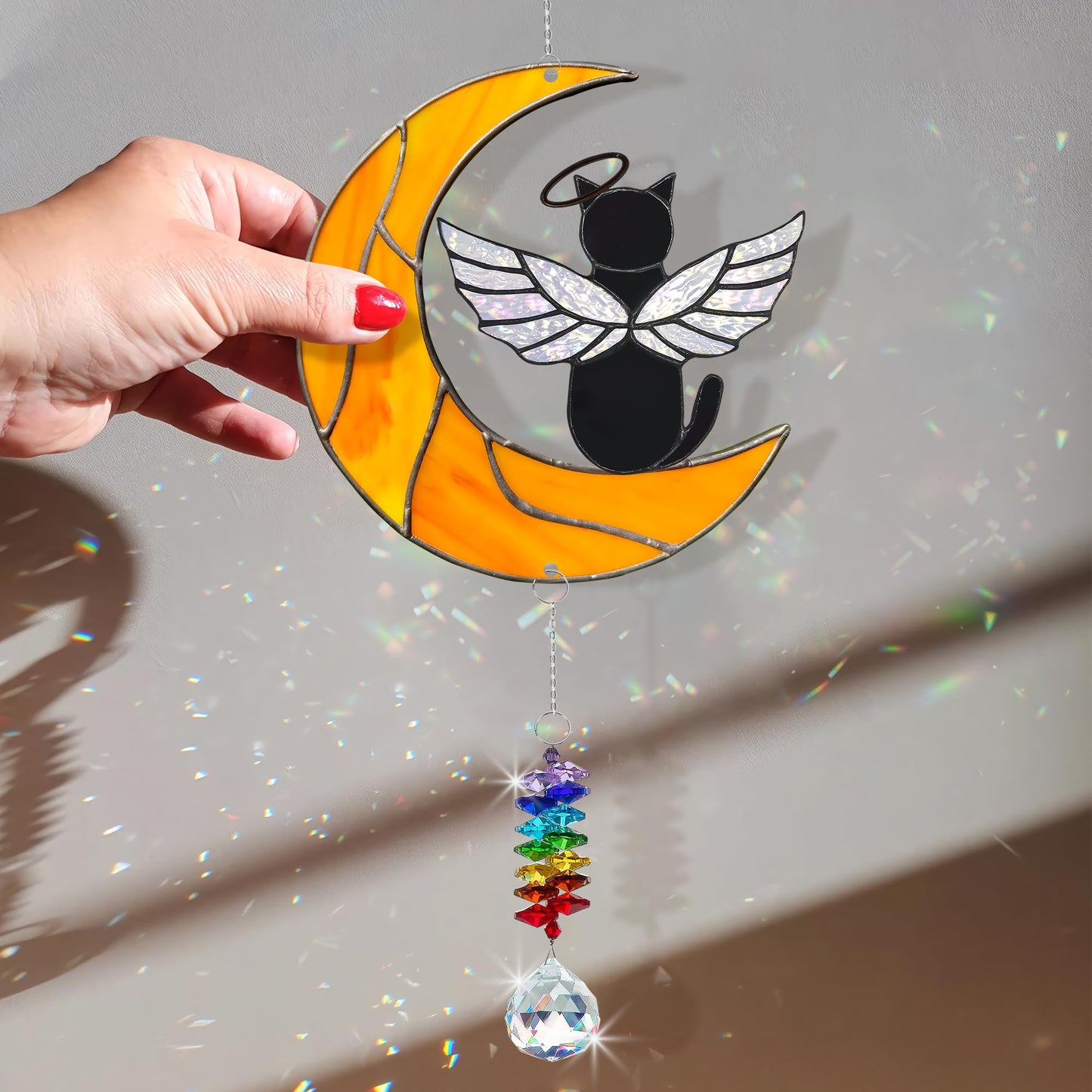 MALFIRST Black Cat Memorial Suncatcher, Angel Cat Ornament, Acrylic Suncatcher for Pet Loss Sympathy Gift, Cats Remembrance Gifts & Kitty Passing Away Gift, in Memory of Cats Window Decor