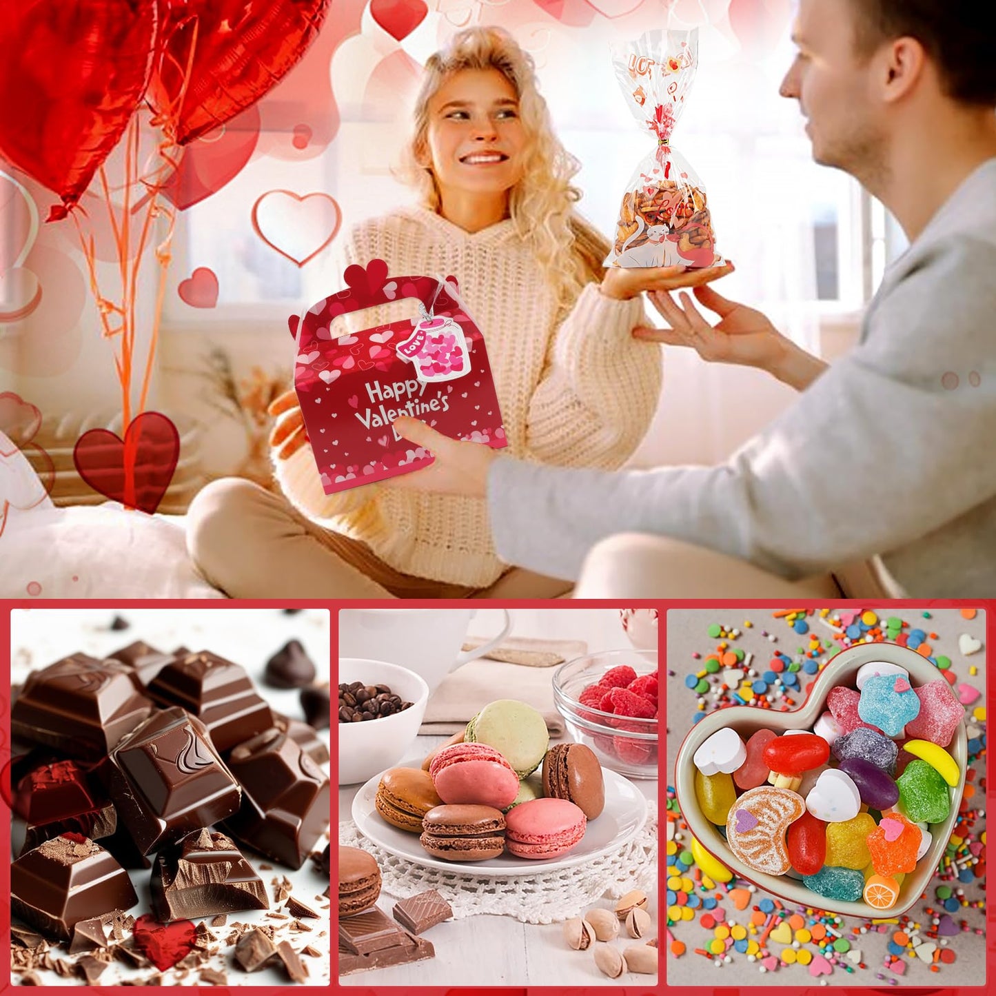 Wlicon Valentine’s Day Gift Treat Boxes, 24 Pcs Valentines Candy Boxes with 48 Pcs Valentine Cellophane Bags Heart Prints Cookies Box with Handles for Romantic Love Wedding Valentine Party Favor Decor